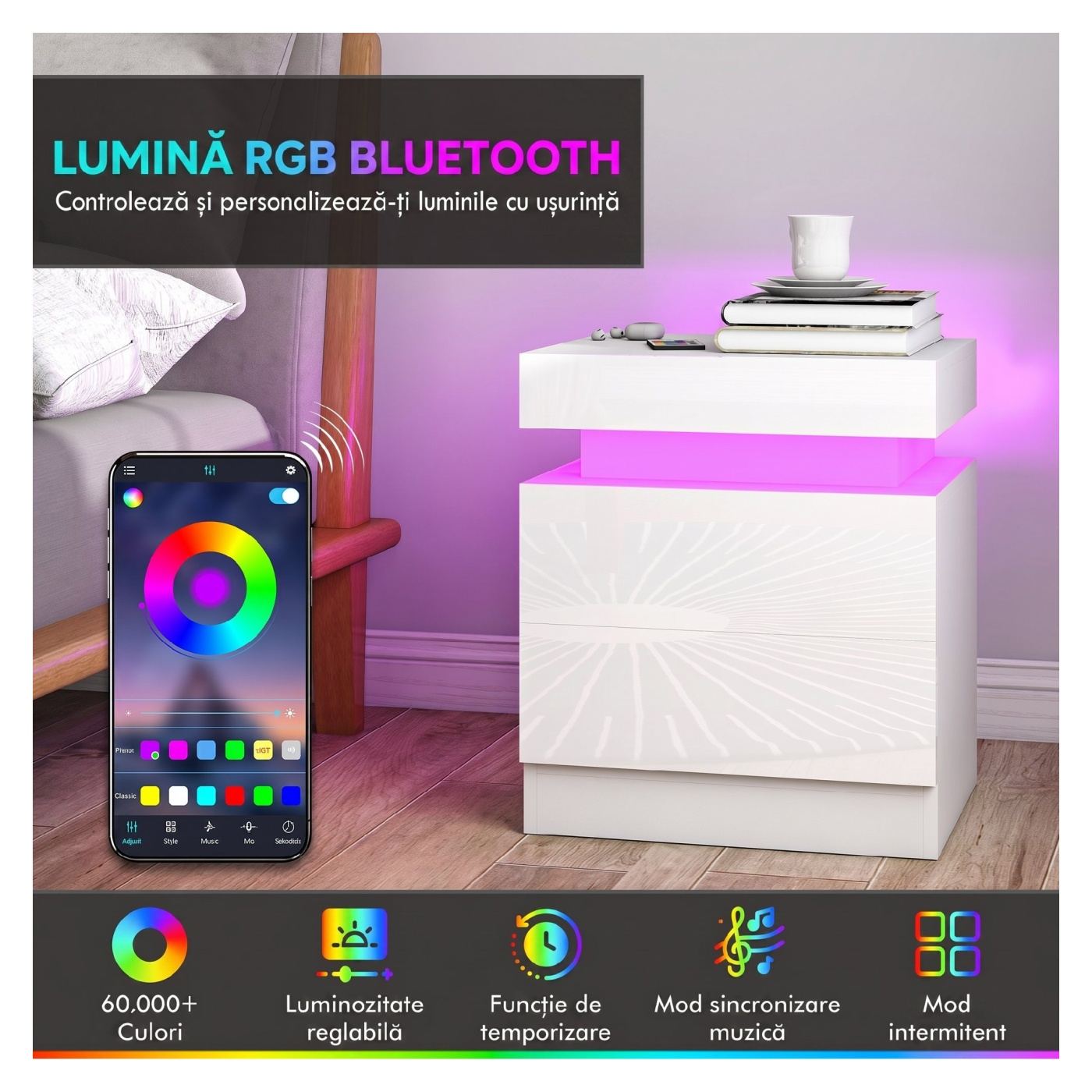 Комплект от 2 LED нощни шкафчета с 4 режима, 2 чекмеджета, спални масички, 45x35x52 см, гланцово бяло - 4
