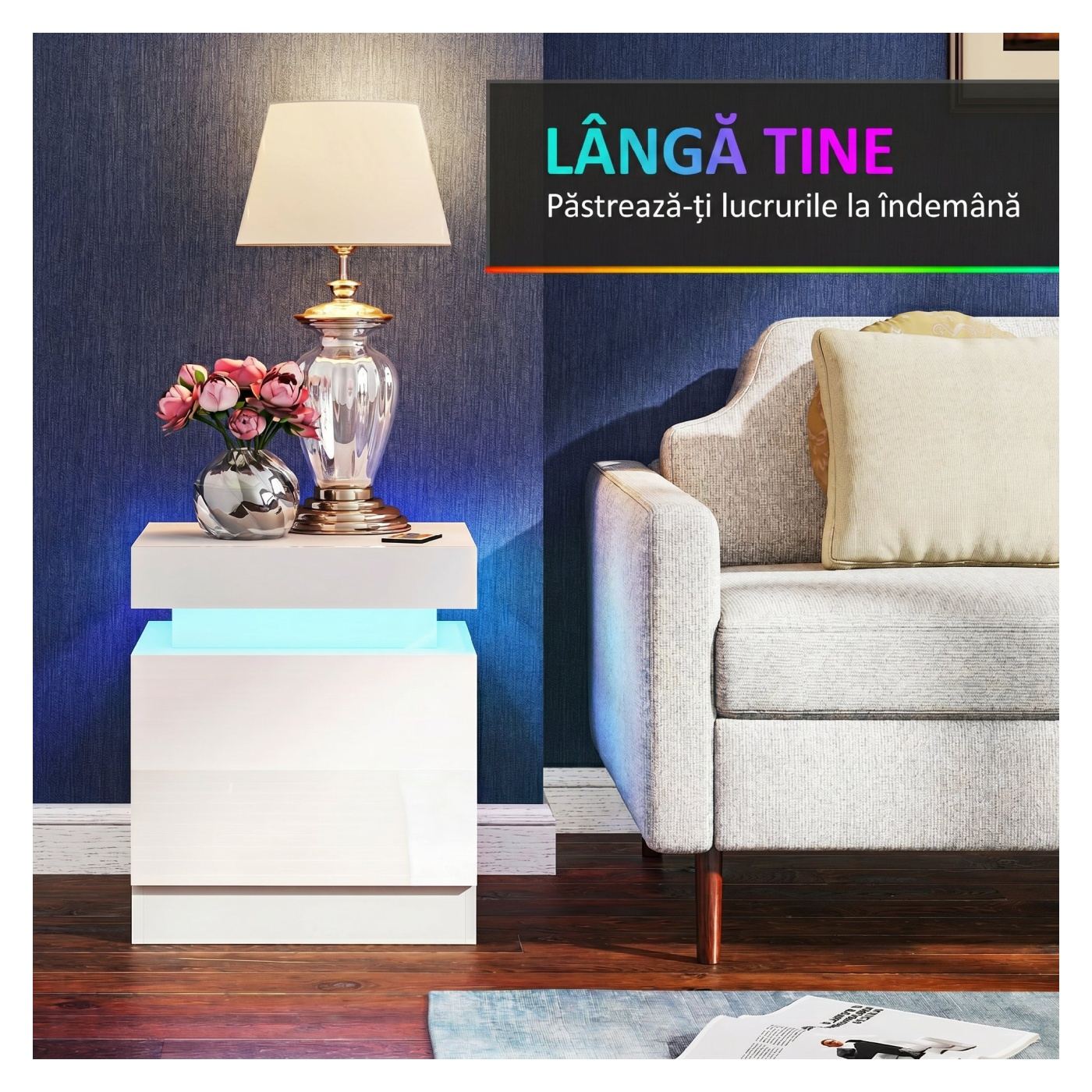 Комплект от 2 LED нощни шкафчета с 4 режима, 2 чекмеджета, спални масички, 45x35x52 см, гланцово бяло - 5
