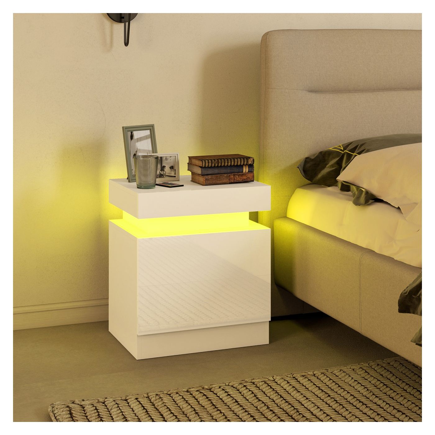 Комплект от 2 LED нощни шкафчета с 4 режима, 2 чекмеджета, спални масички, 45x35x52 см, гланцово бяло - 8