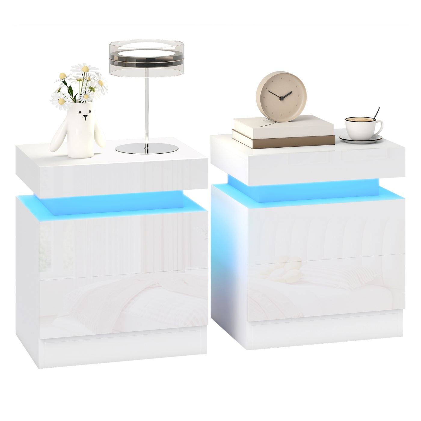 Комплект от 2 LED нощни шкафчета с 4 режима, 2 чекмеджета, спални масички, 45x35x52 см, гланцово бяло - 11