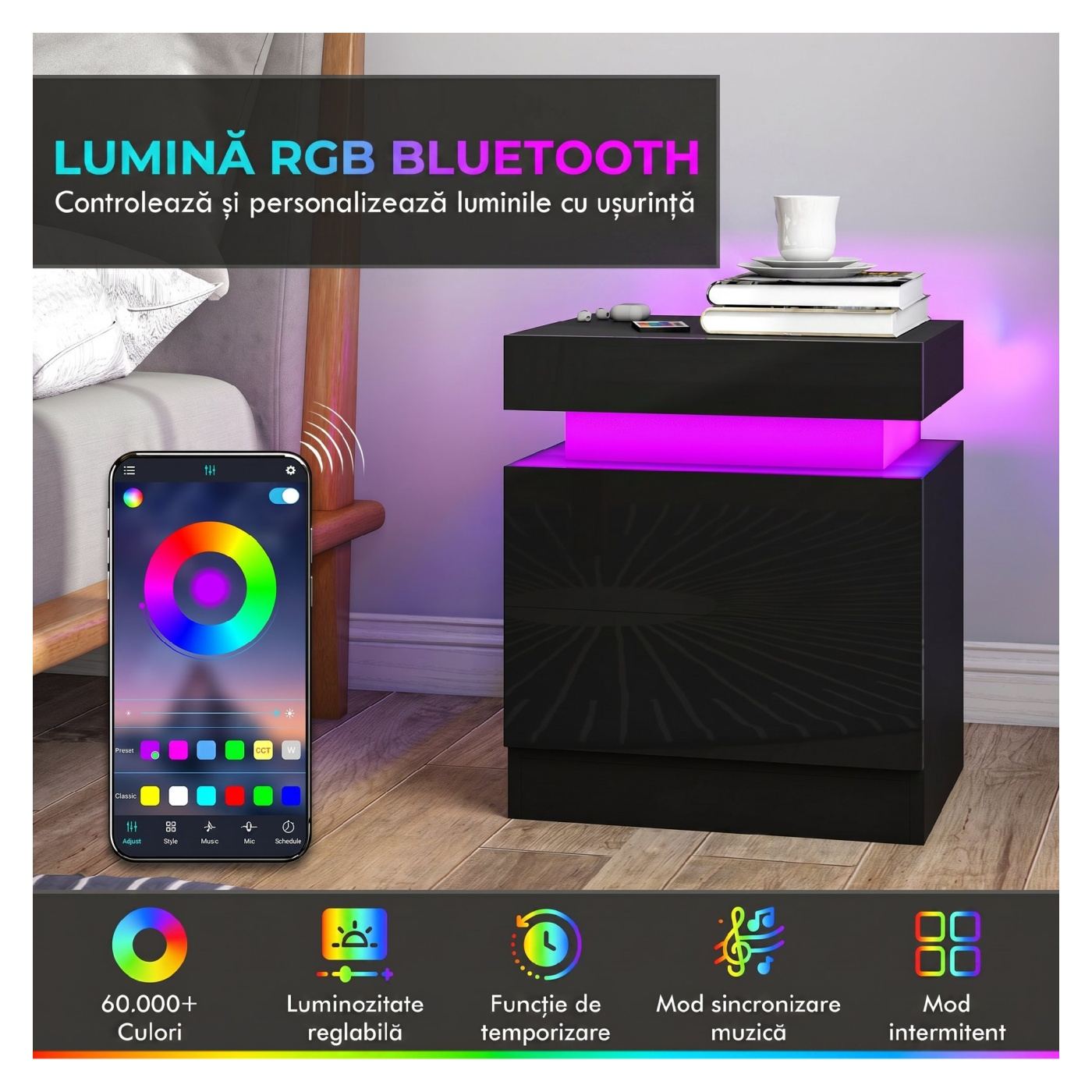 Комплект от 2 LED нощни шкафчета с 4 режима и 2 чекмеджета, нощни масички за спалня, 45x35x52 см, гланцово черно - 4