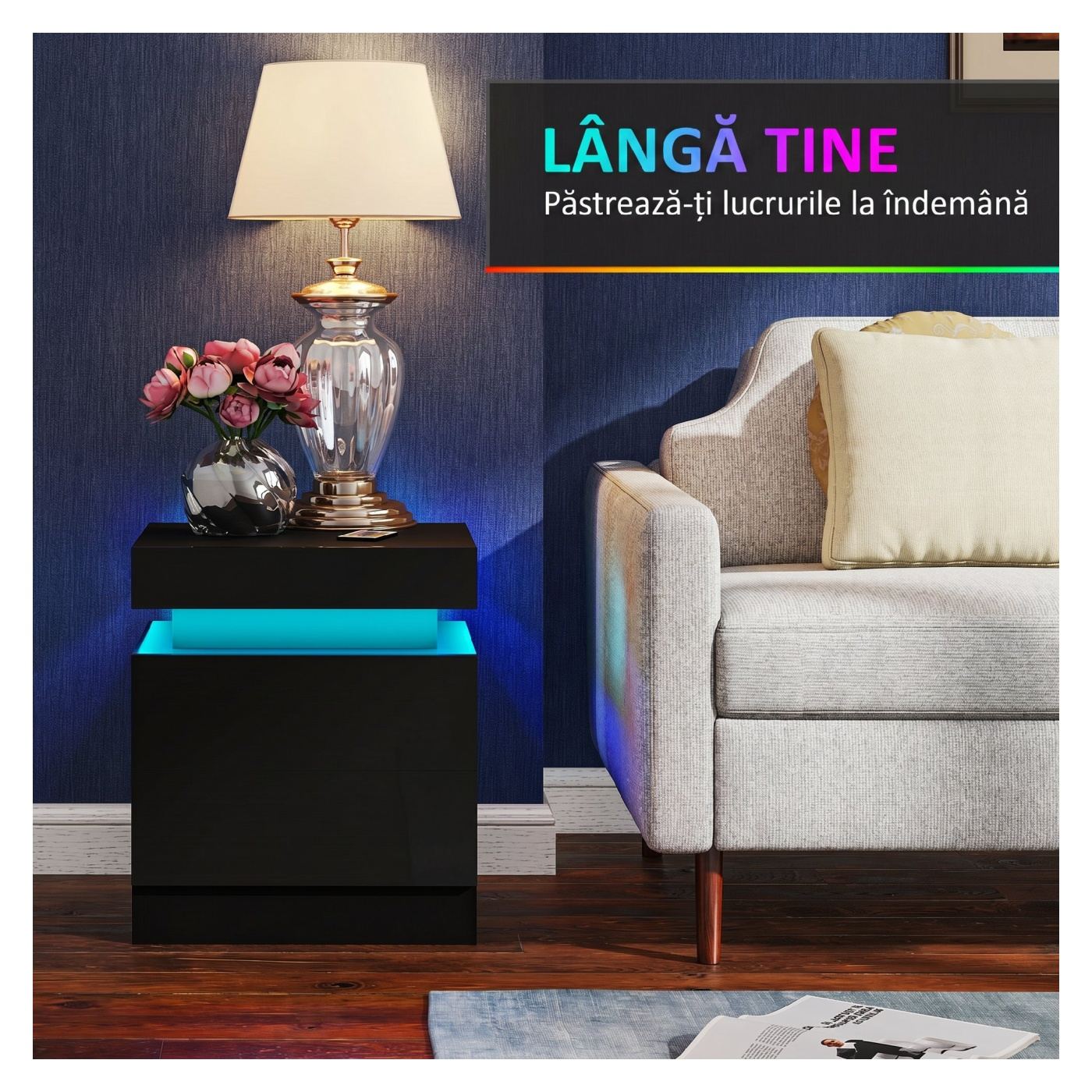 Комплект от 2 LED нощни шкафчета с 4 режима и 2 чекмеджета, нощни масички за спалня, 45x35x52 см, гланцово черно - 5
