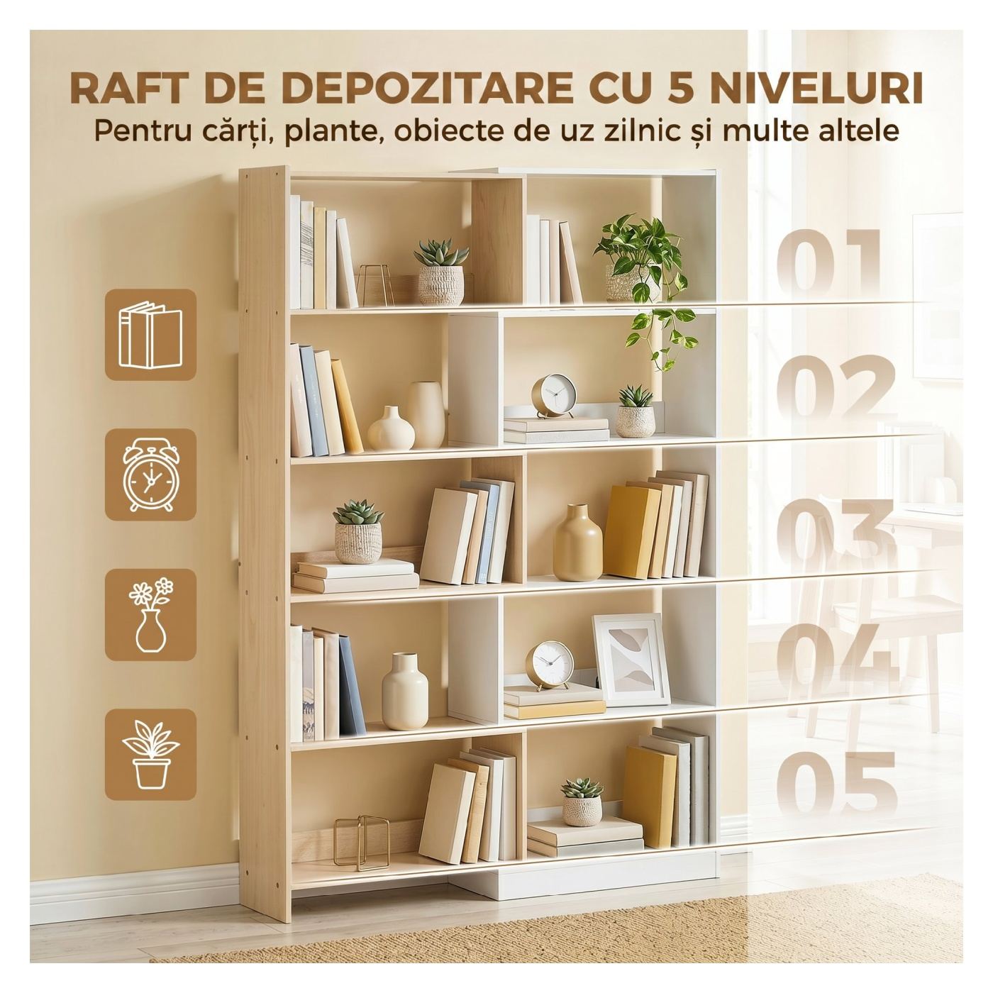 Въртящ се рафт за книги с 5 нива, 3 режима на подредба, ъглов дизайн, спестяващ място, за всекидневна или офис, 111.5x23.8x163.7 - 6