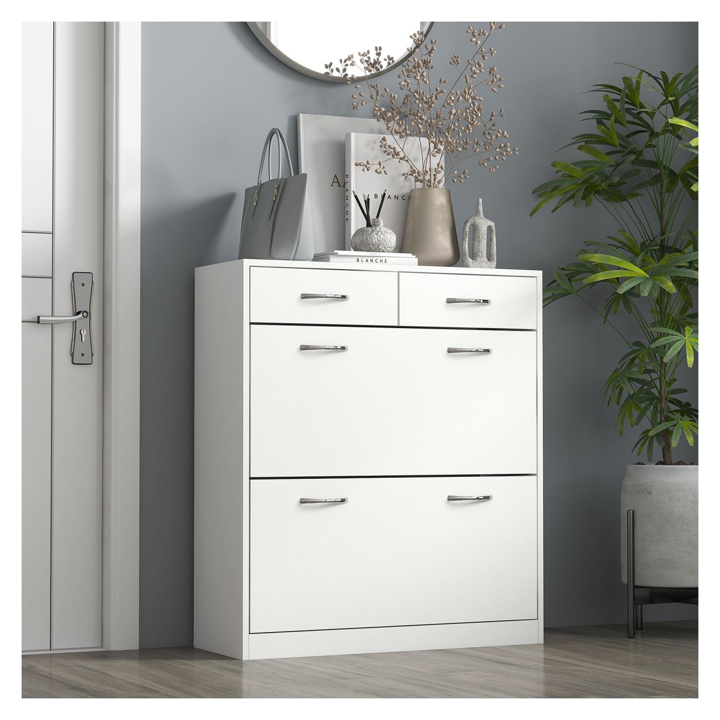 Тясна етажерка за обувки с 2 чекмеджета и 2 падащи врати, 12 чифта, 80 x 30 x 91.5 см, бяла - 3