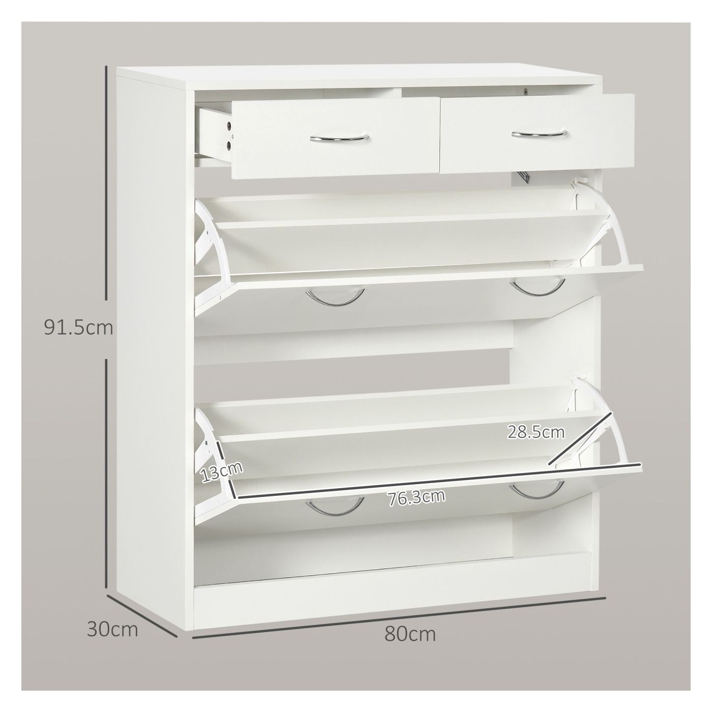 Тясна етажерка за обувки с 2 чекмеджета и 2 падащи врати, 12 чифта, 80 x 30 x 91.5 см, бяла - 5
