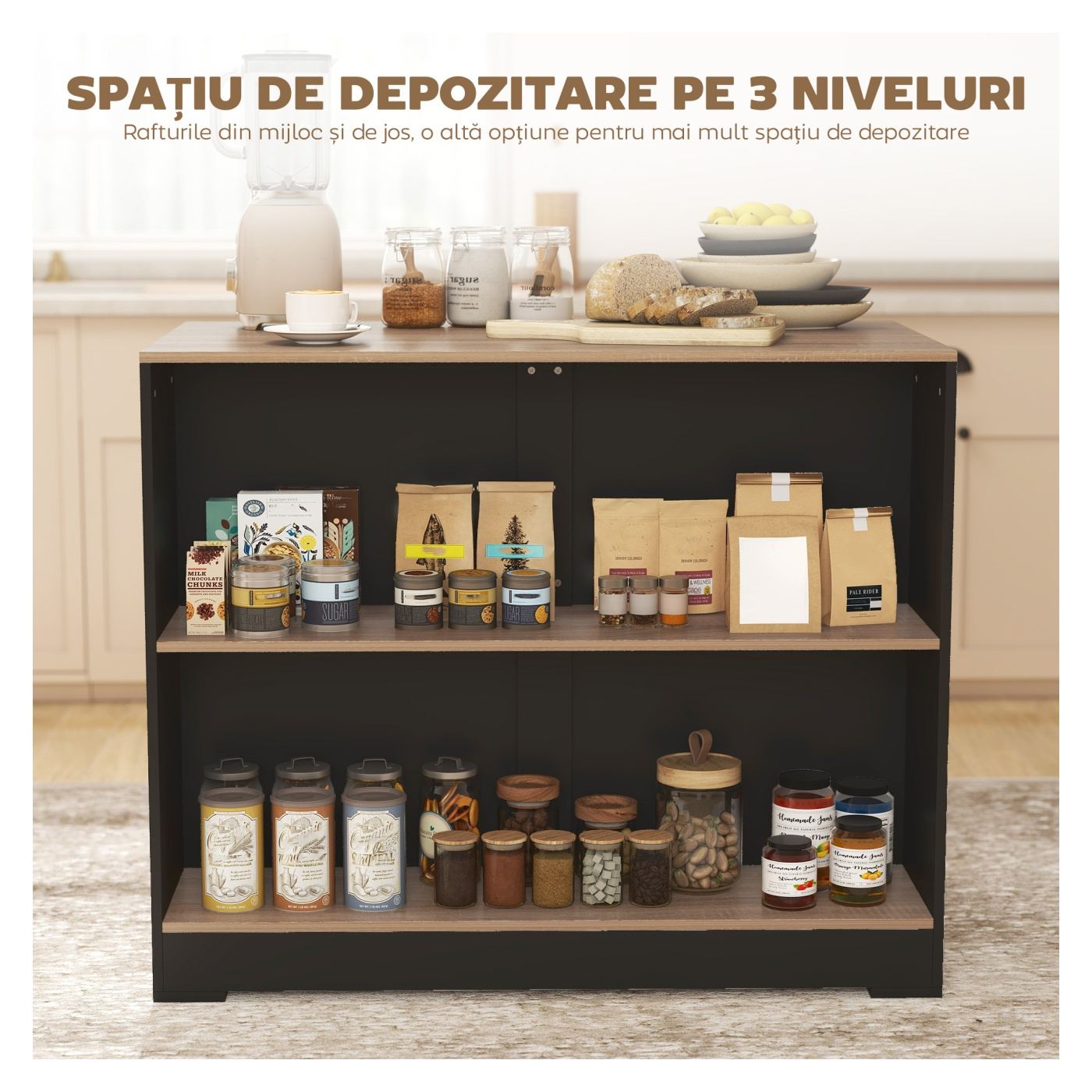 Бар маса с 3 рафта, Компактен кухненски остров с неплъзгащи се крачета, Индустриален бар, за кухня или всекидневна, 1 - 4