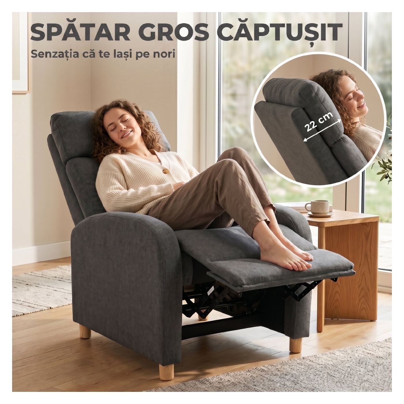 Текстилен реклайнер фотьойл с вид на лен, подложка за крака, покет пружини, подплатена облегалка, крака - 7