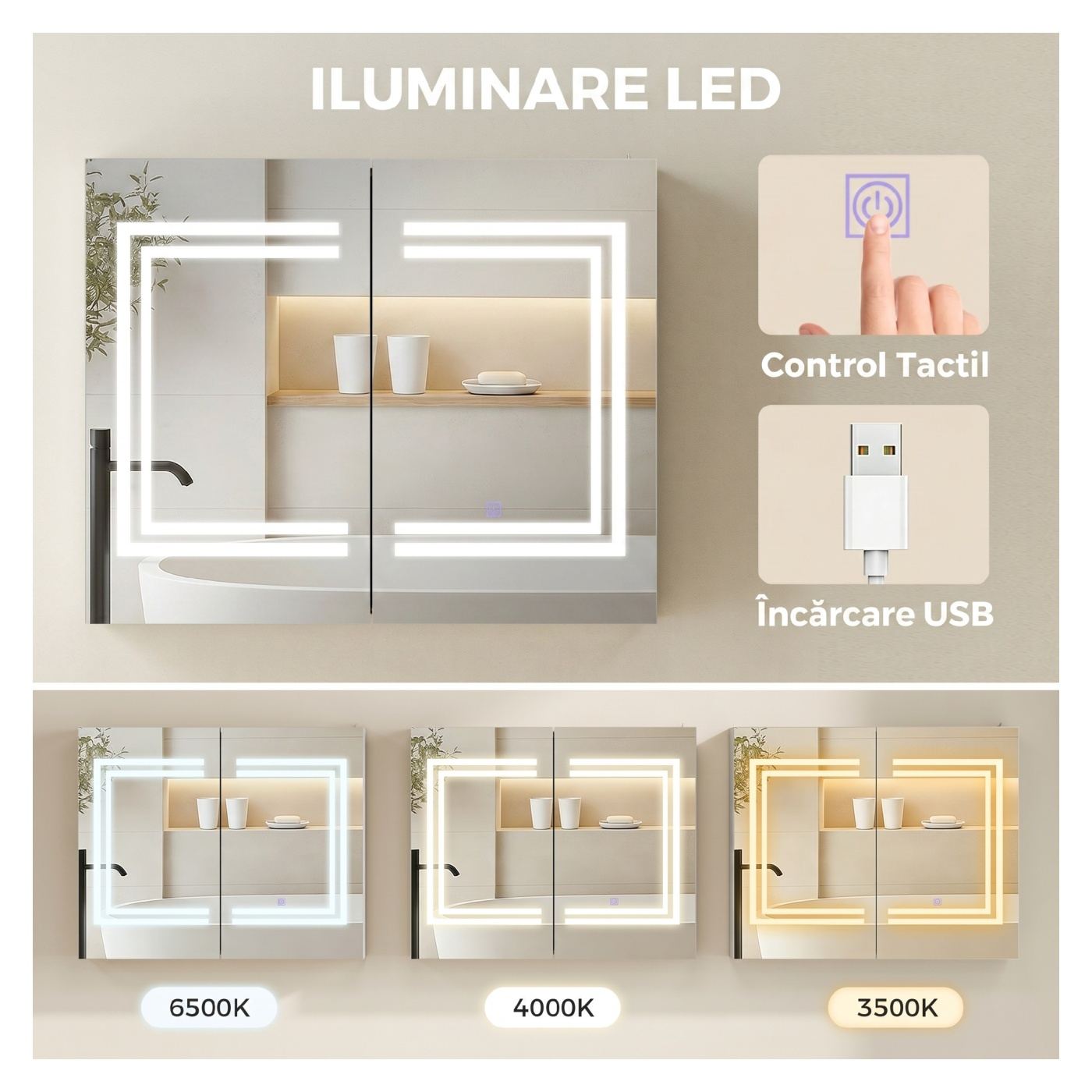 Огледален шкаф за баня с LED, 80x15x65 см, врати с плавно затваряне, 3 димируеми цвята, регулируеми рафтове, сензорен превключва - 7