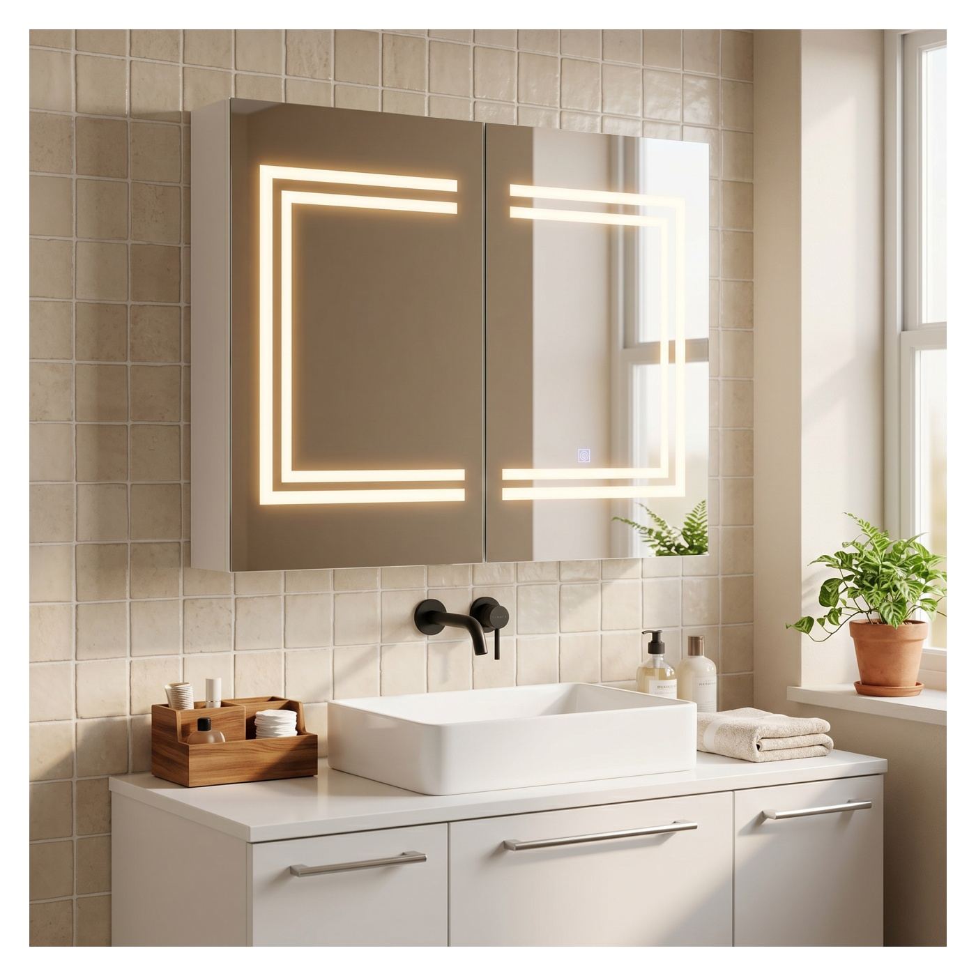 Огледален шкаф за баня с LED, 80x15x65 см, врати с плавно затваряне, 3 димируеми цвята, регулируеми рафтове, сензорен превключва - 15