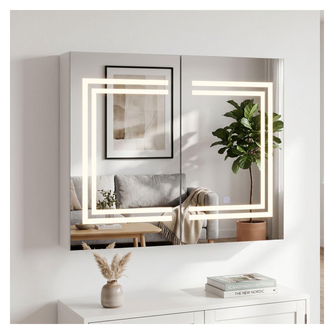 Огледален шкаф за баня с LED, 80x15x65 см, врати с плавно затваряне, 3 димируеми цвята, регулируеми рафтове, сензорен превключва - 17