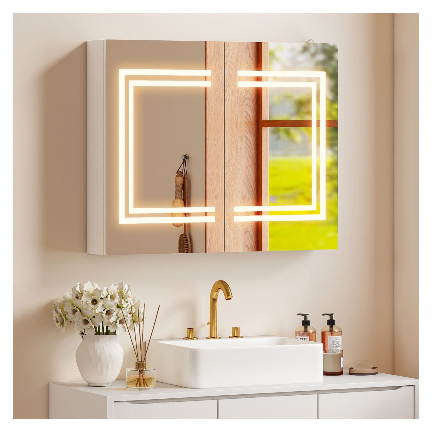 Огледален шкаф за баня с LED, 80x15x65 см, врати с плавно затваряне, 3 димируеми цвята, регулируеми рафтове, сензорен превключва - 19