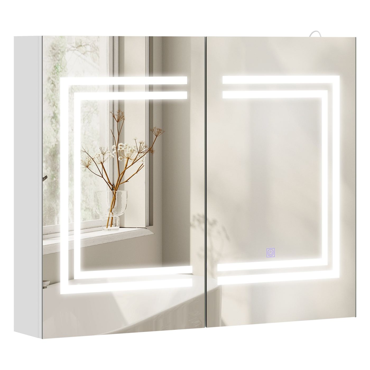 Огледален шкаф за баня с LED, 80x15x65 см, врати с плавно затваряне, 3 димируеми цвята, регулируеми рафтове, сензорен превключва - 21