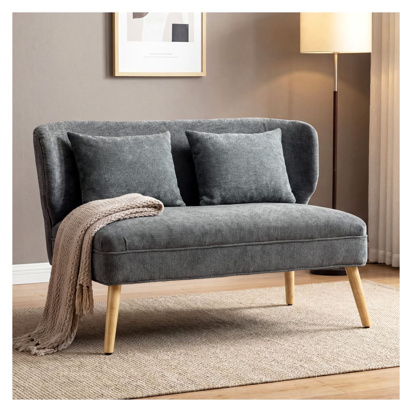Двуместен диван, тапицерия от шенил, висок гръб, дебела седалка, дървени крака, идеален за всекидневна, спалня - 8