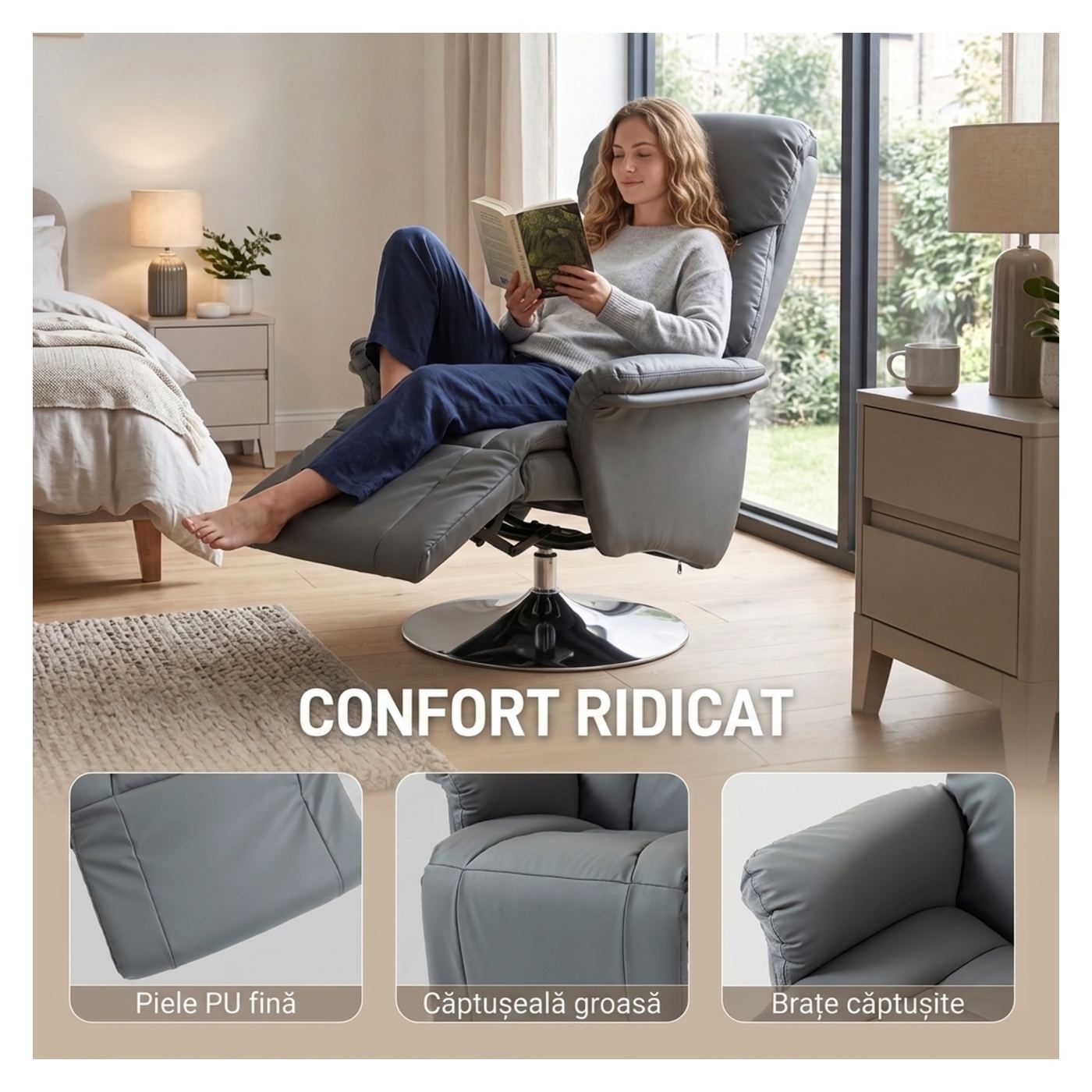 Въртящ се на 360° фотьойл с подложка за крака, 130° накланяне, тапициран, с висока облегалка и разширени подлакътници, еко кожа - 6