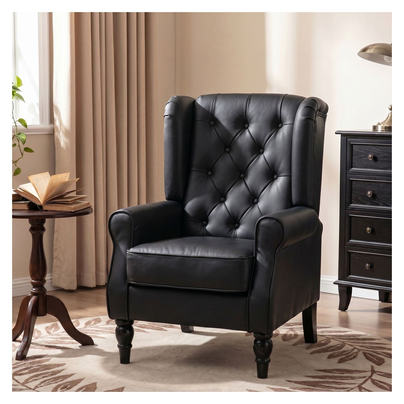 Френски стил фотьойл за спалня, просторна седалка, капитонирана PU кожа тапицерия, с подлакътници и крака от евкалиптово дърво - 17