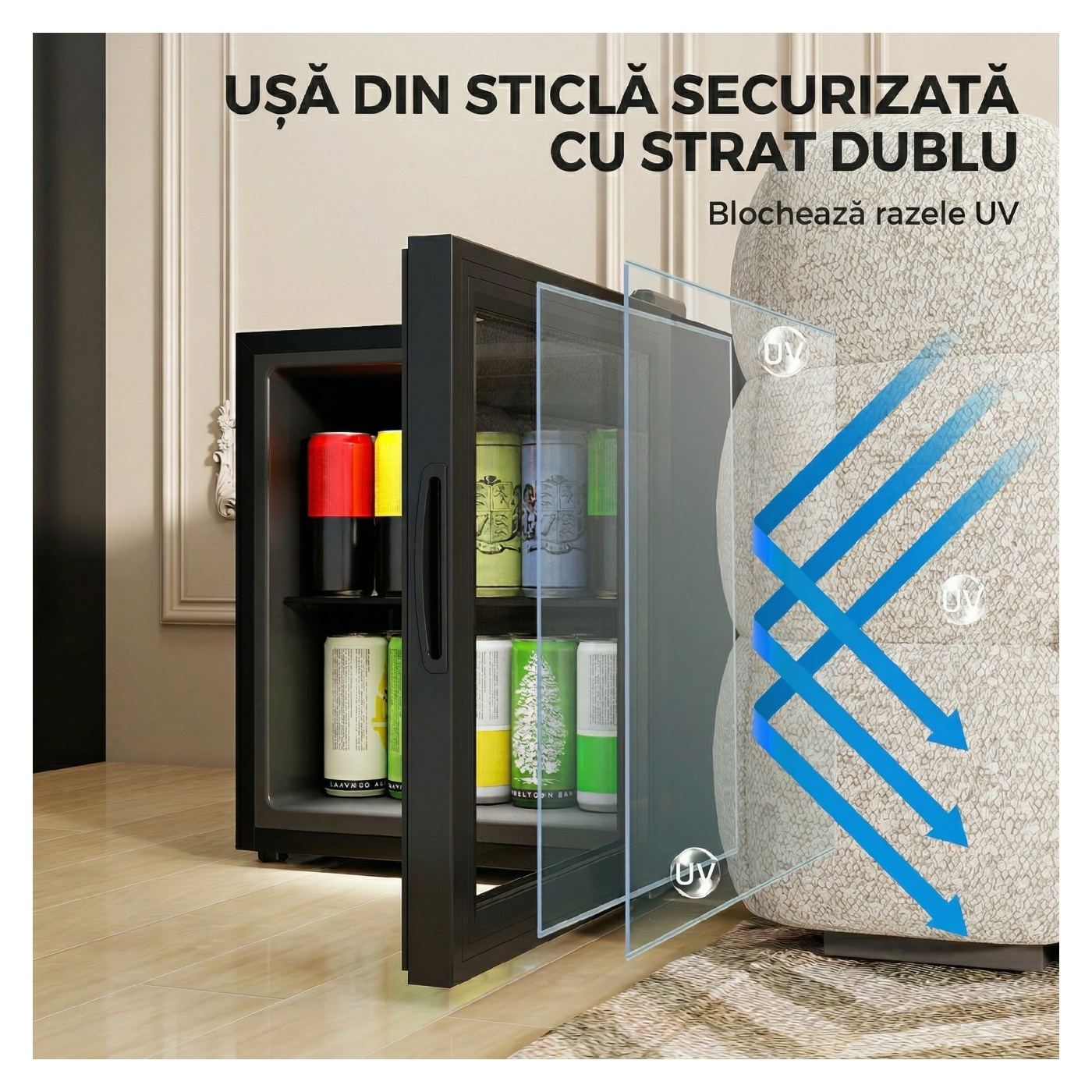 HOMCOM Хладилник за напитки 46л, 59 кенчета, стъклена врата, закален рафт, LED, сензорен екран, за кухня, офис, спалня, бар, чер - 5