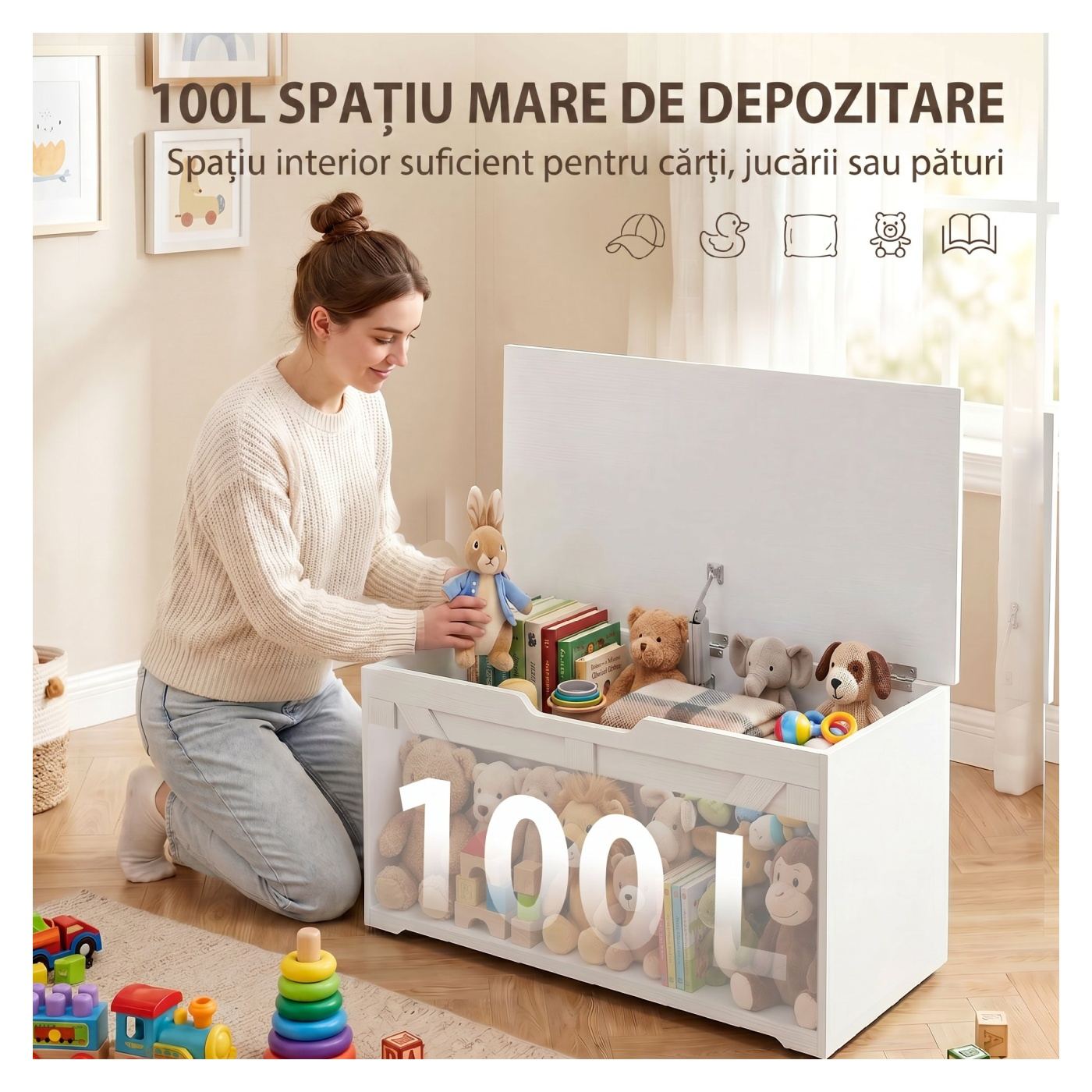 Пейка за съхранение, 100 л, с 2 предпазни панти и U-образен отвор, пейка за сядане с място за съхранение - 4
