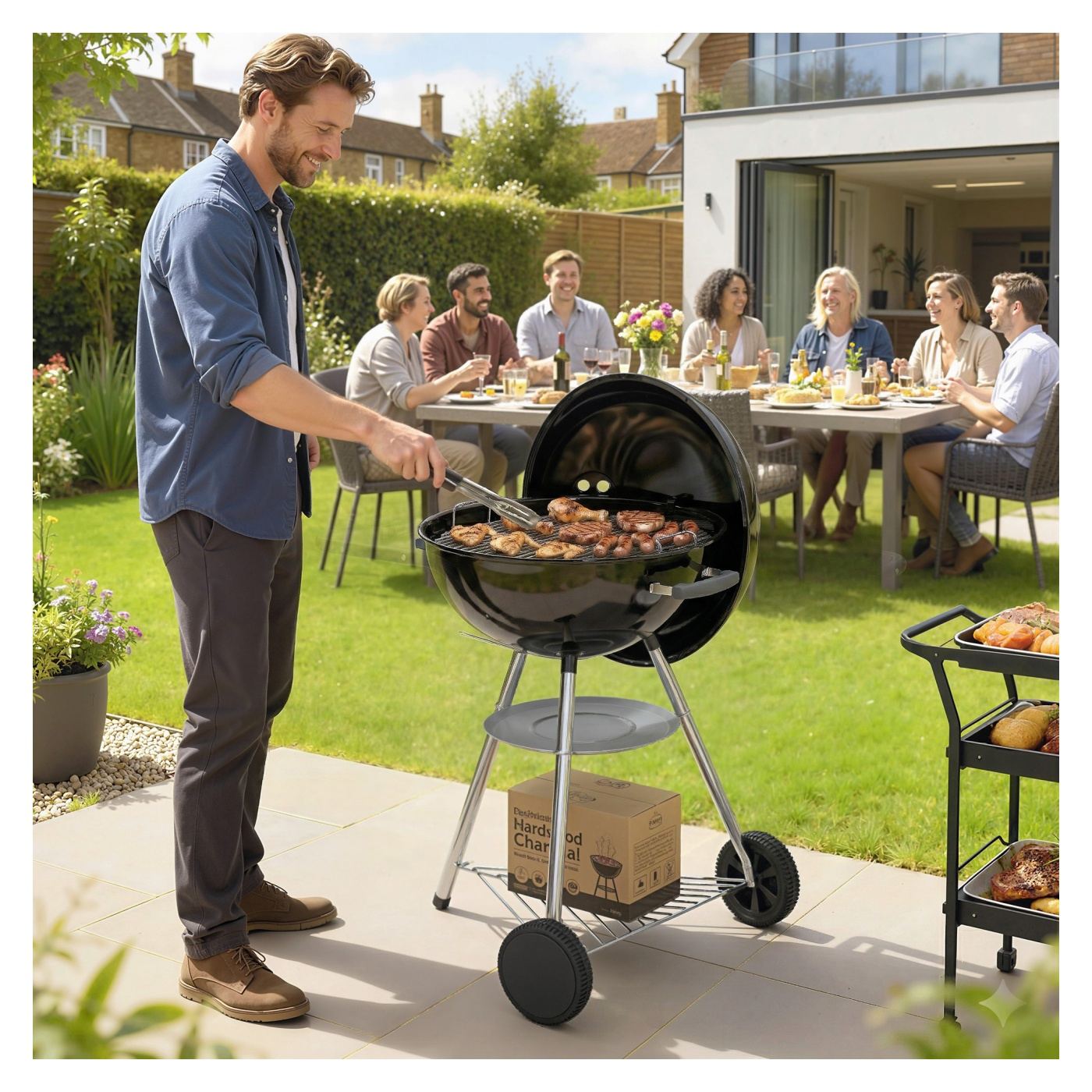 Преносимо барбекю на дървени въглища, опушвач BBQ с капак, кръгла външна скара с термометър, 2 тави за въглища, рафт за съхранен - 2
