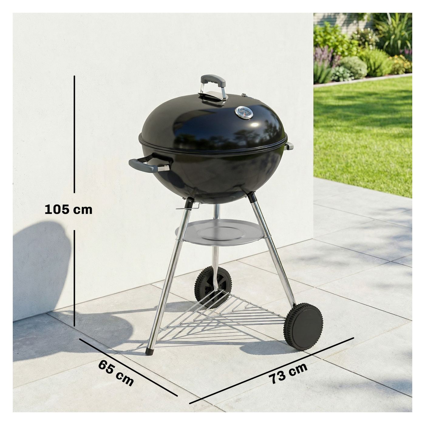 Преносимо барбекю на дървени въглища, опушвач BBQ с капак, кръгла външна скара с термометър, 2 тави за въглища, рафт за съхранен - 3