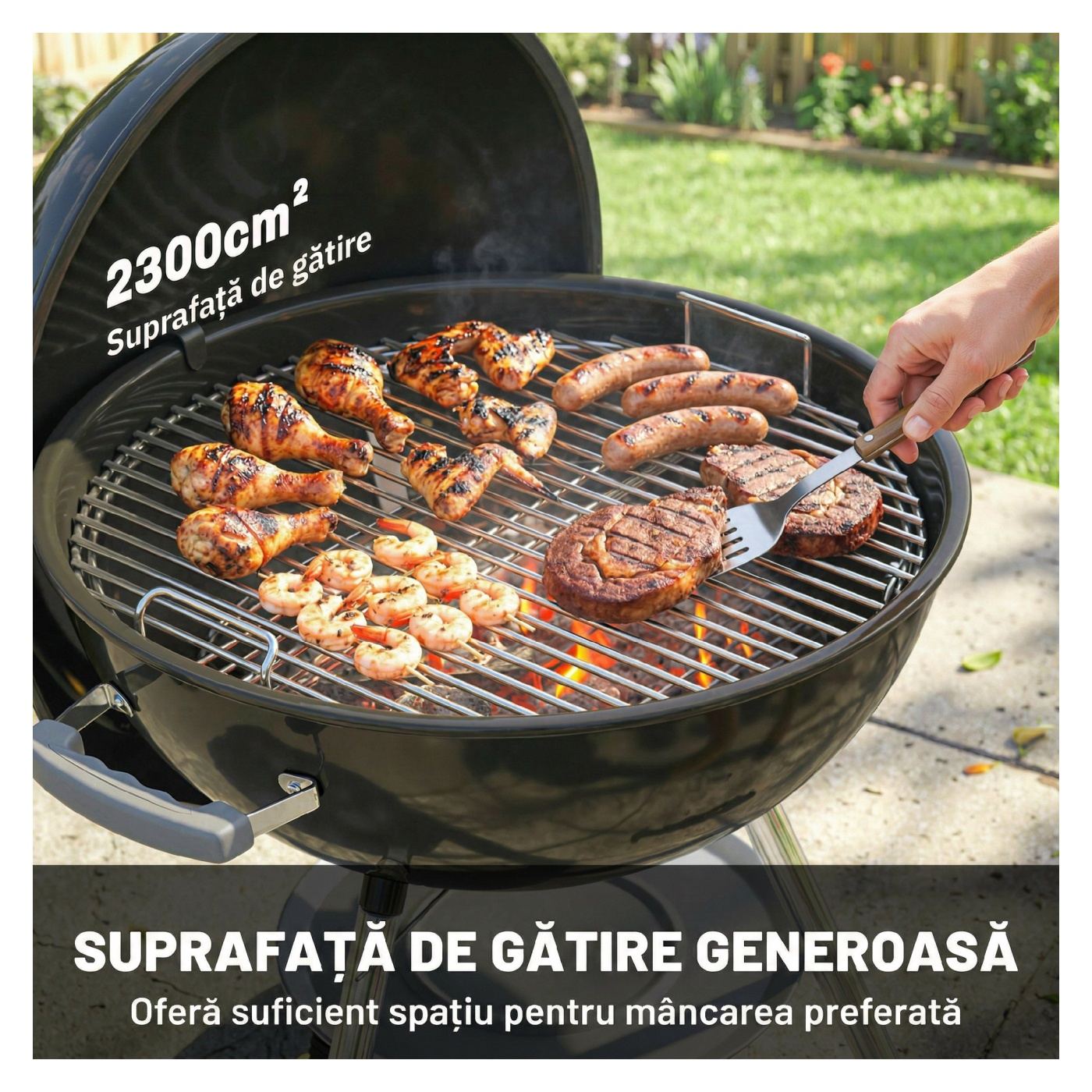 Преносимо барбекю на дървени въглища, опушвач BBQ с капак, кръгла външна скара с термометър, 2 тави за въглища, рафт за съхранен - 4