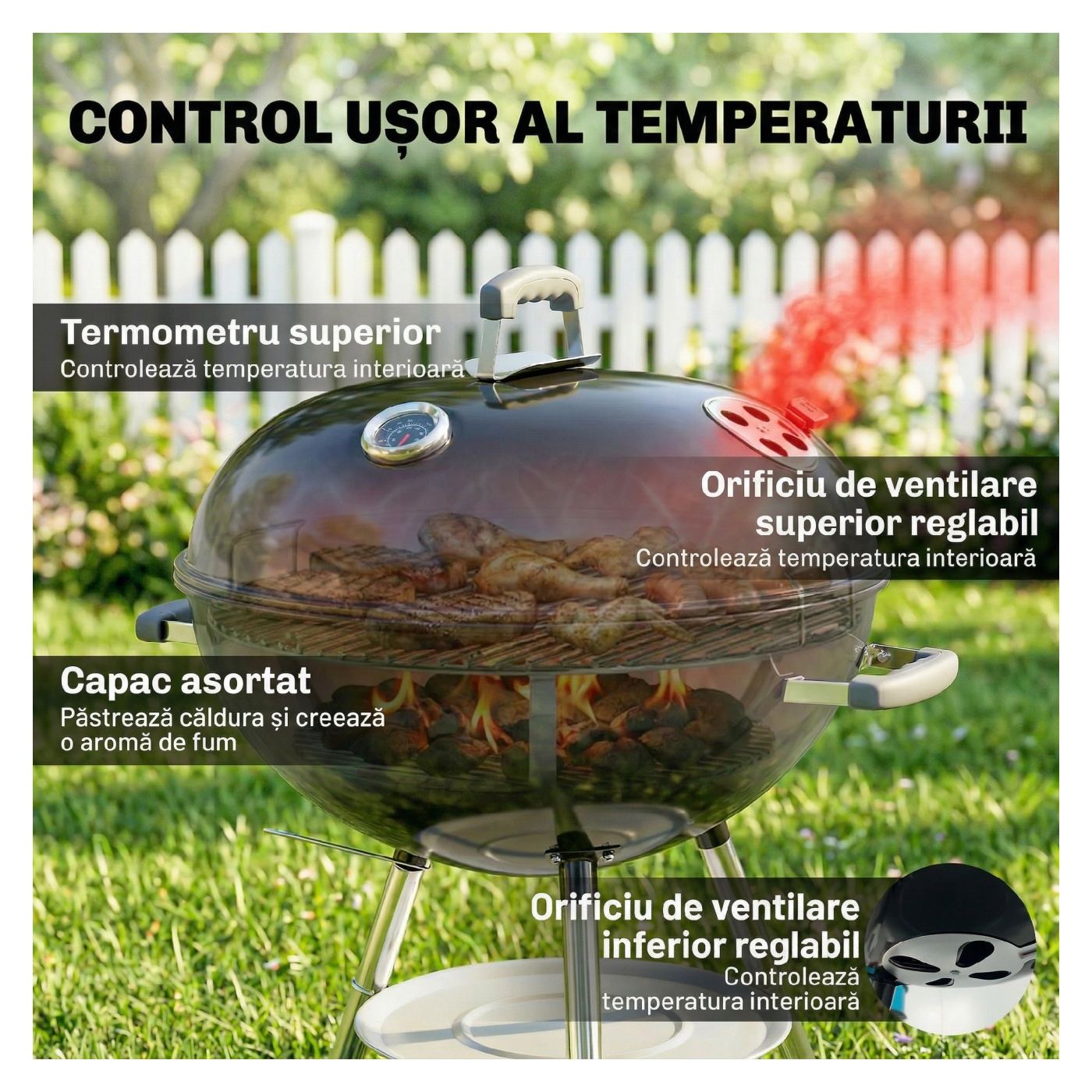 Преносимо барбекю на дървени въглища, опушвач BBQ с капак, кръгла външна скара с термометър, 2 тави за въглища, рафт за съхранен - 5