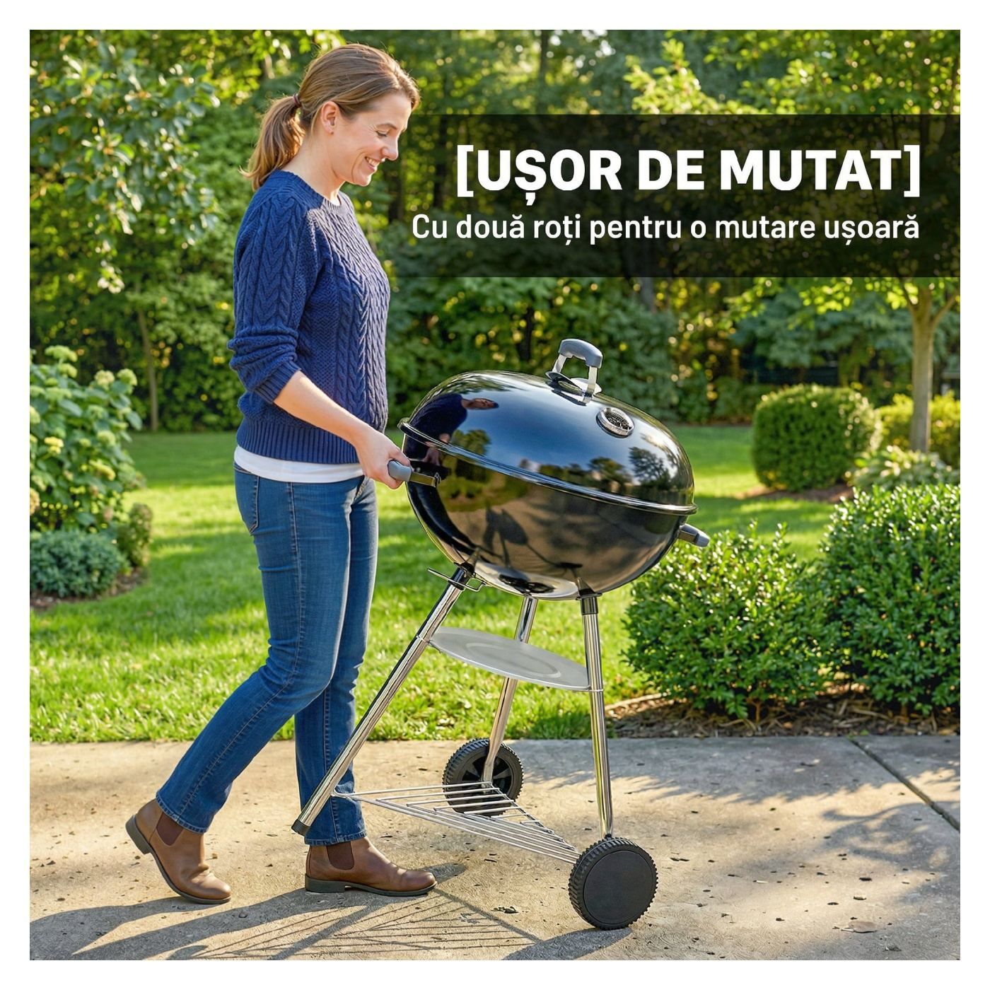 Преносимо барбекю на дървени въглища, опушвач BBQ с капак, кръгла външна скара с термометър, 2 тави за въглища, рафт за съхранен - 9