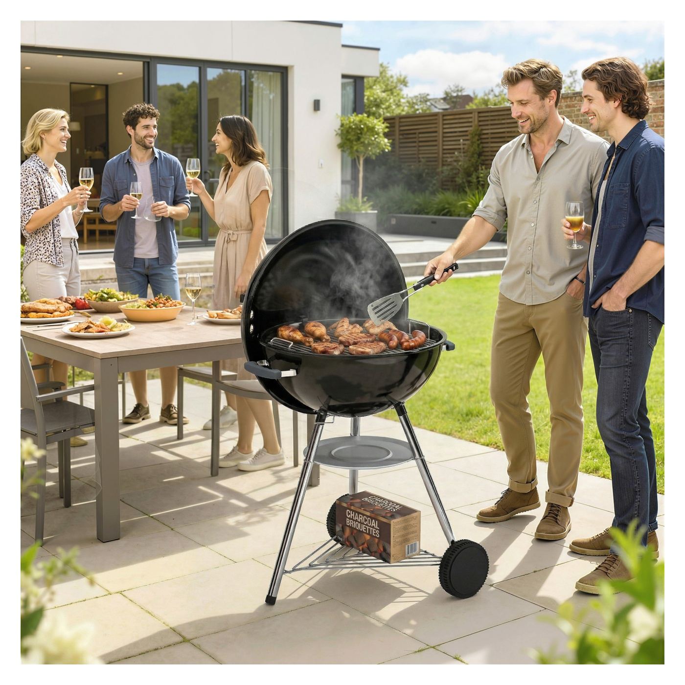 Преносимо барбекю на дървени въглища, опушвач BBQ с капак, кръгла външна скара с термометър, 2 тави за въглища, рафт за съхранен - 10