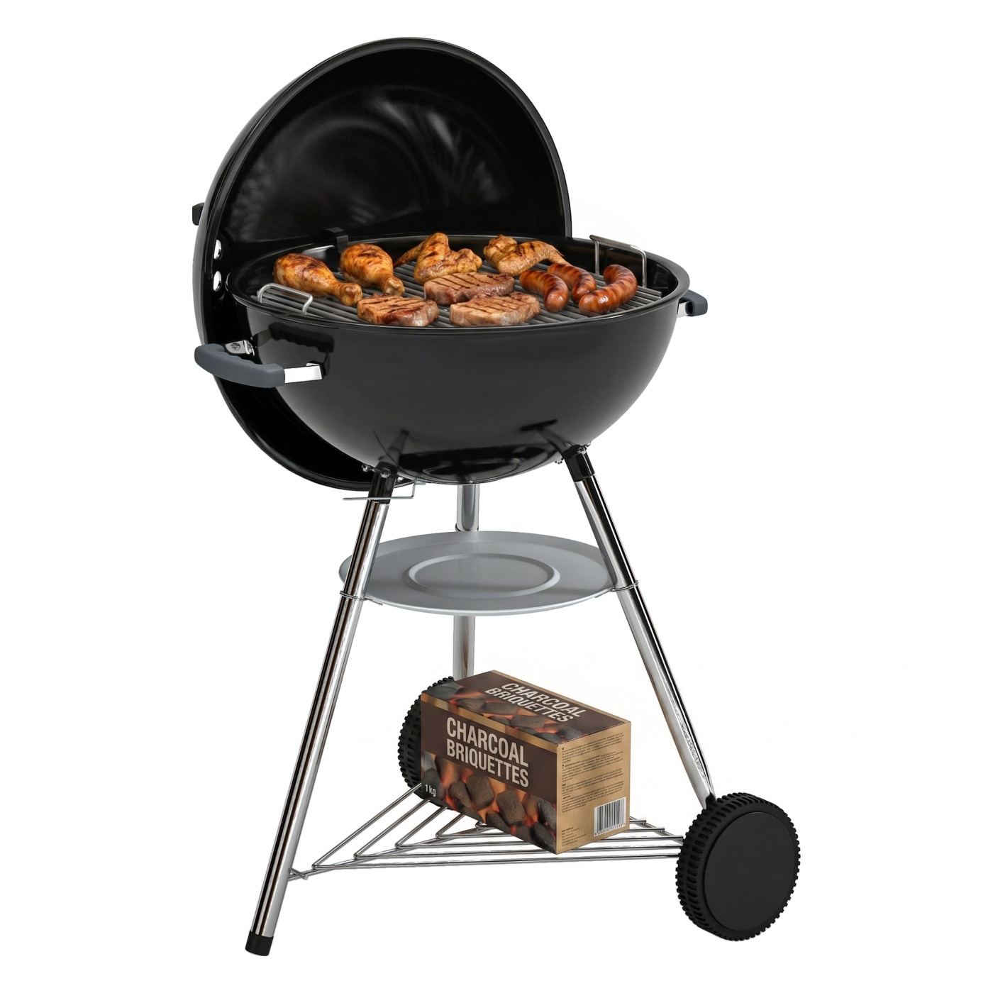 Преносимо барбекю на дървени въглища, опушвач BBQ с капак, кръгла външна скара с термометър, 2 тави за въглища, рафт за съхранен - 11