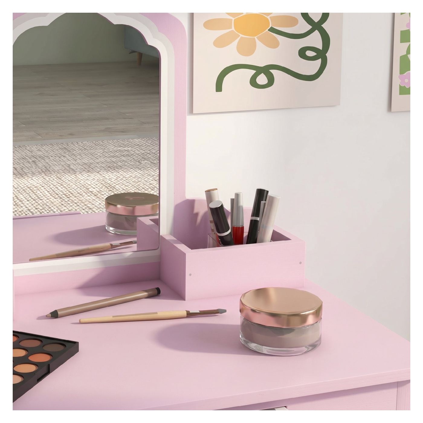 Детски тоалетен комплект с огледало за грим и подходящо столче, дървена тоалетка с чекмедже и отделения, огледало във формата на - 9