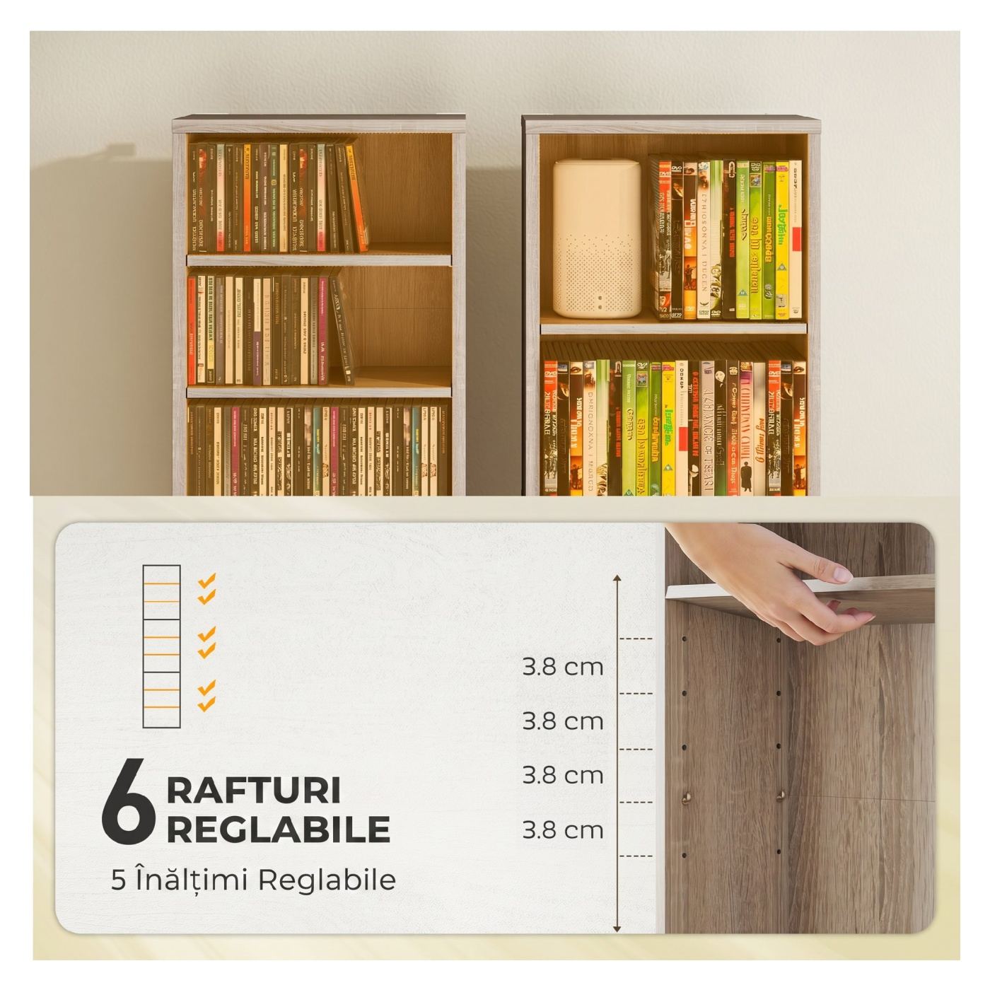 Шкаф за съхранение на CD с 6 регулируеми рафта, Компактна дървена единица с 9 отделения, за всекидневна, спалня - 5