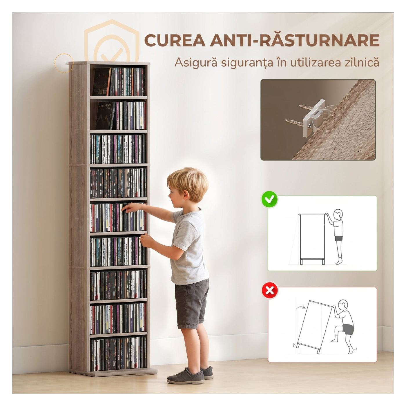 Шкаф за съхранение на CD с 6 регулируеми рафта, Компактна дървена единица с 9 отделения, за всекидневна, спалня - 6