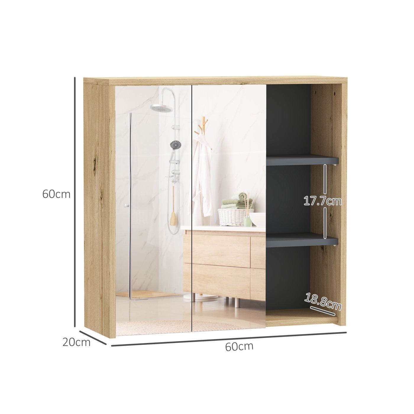 Шкаф за баня с огледало и 2 врати, 60x20x60 см, Отворен рафт, Спестяващ място стенен шкаф от стъкло, Natura - 3