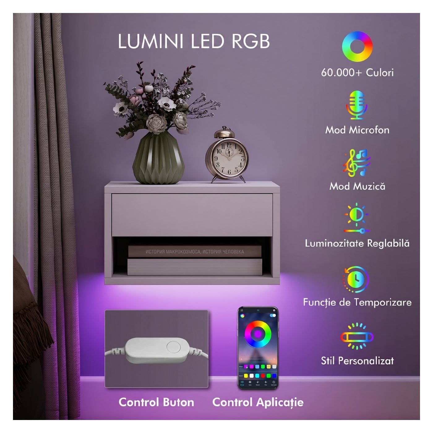Комплект от 2 стенни нощни шкафчета за спалня с интегрирани RGB LED светлини и управление чрез приложение, Комплект модерни нощн - 4