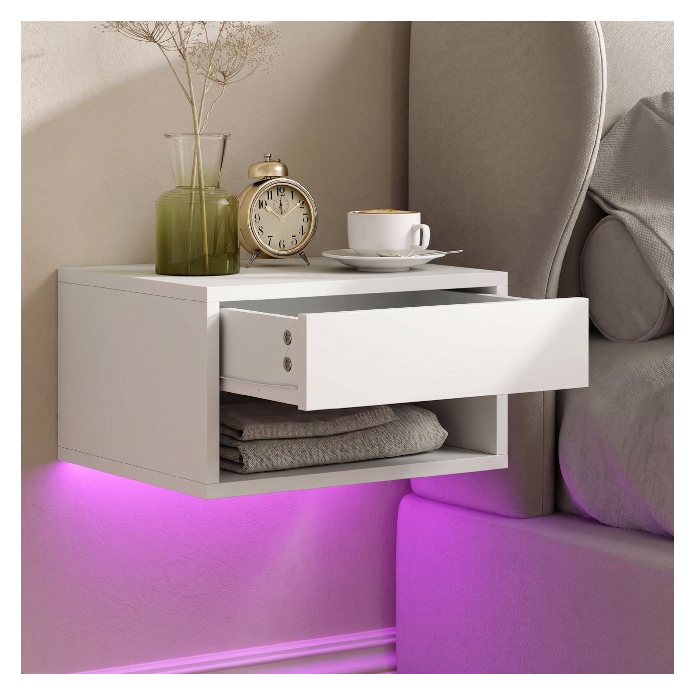 Комплект от 2 стенни нощни шкафчета за спалня с интегрирани RGB LED светлини и управление чрез приложение, Комплект модерни нощн - 9