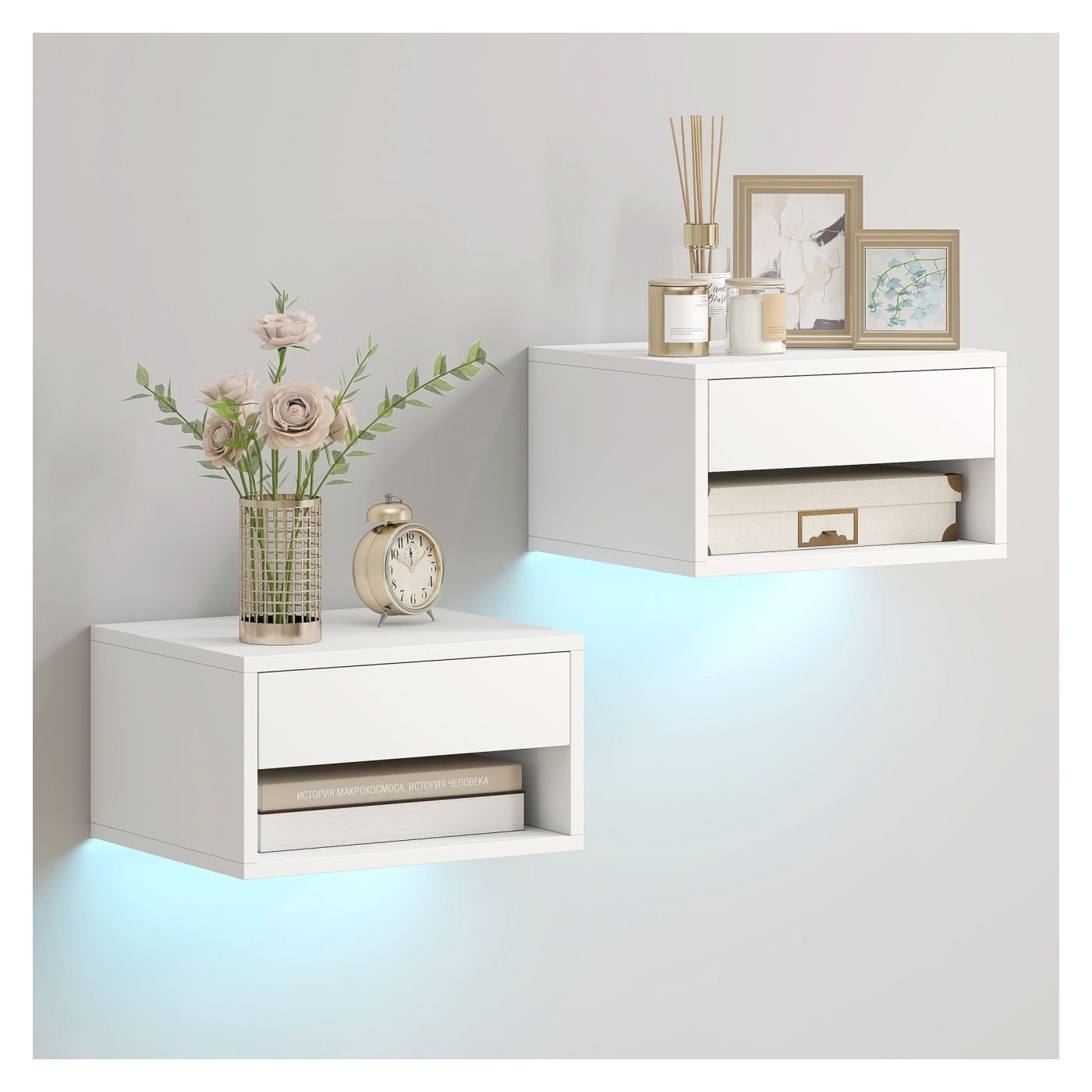 Комплект от 2 стенни нощни шкафчета за спалня с интегрирани RGB LED светлини и управление чрез приложение, Комплект модерни нощн - 12