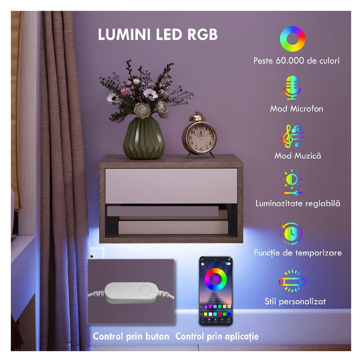 Комплект от 2 нощни шкафчета за стена с интегрирано RGB LED осветление, управление през приложение, чекмедже и рафт, 37x32x21 см - 4
