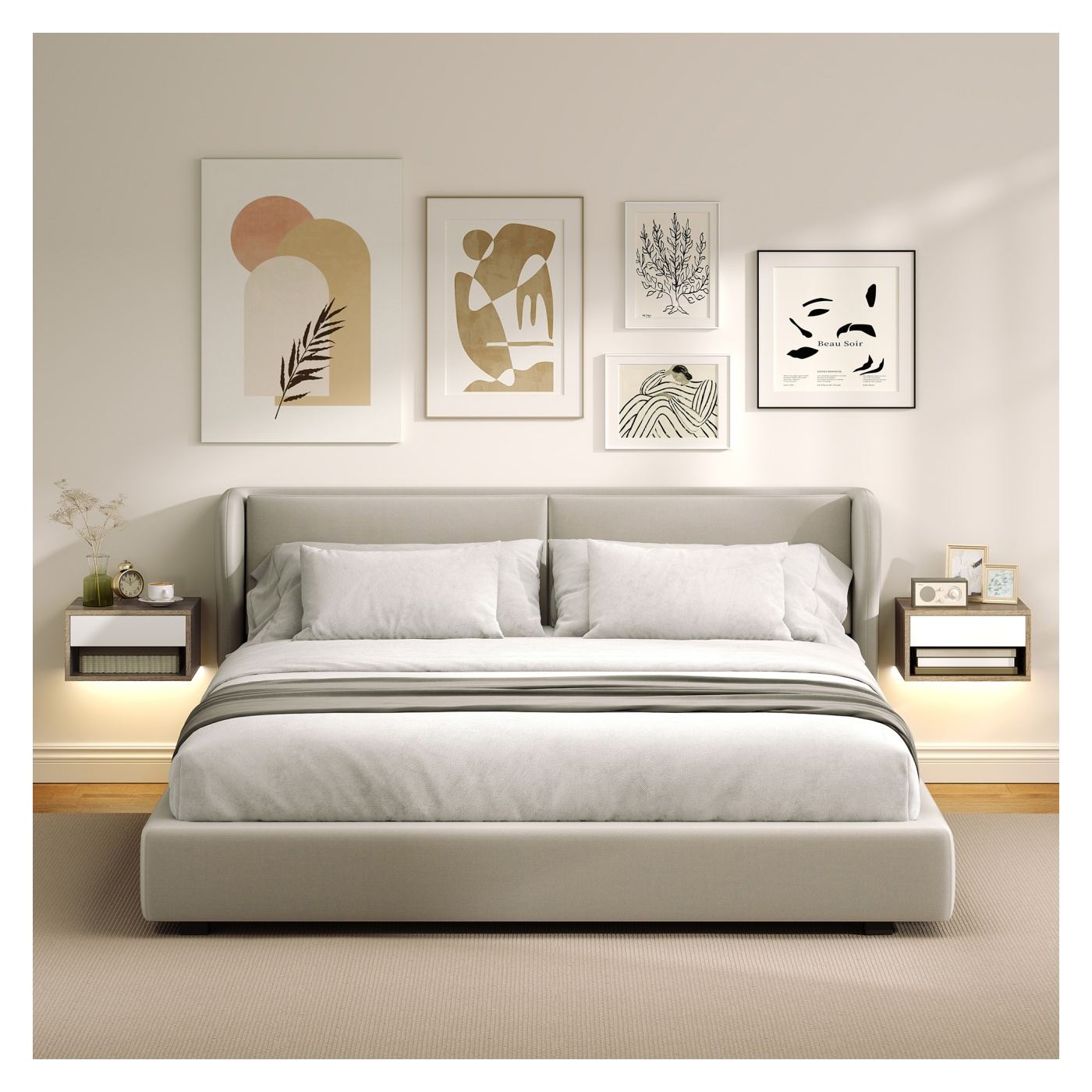 Комплект от 2 нощни шкафчета за стена с интегрирано RGB LED осветление, управление през приложение, чекмедже и рафт, 37x32x21 см - 10