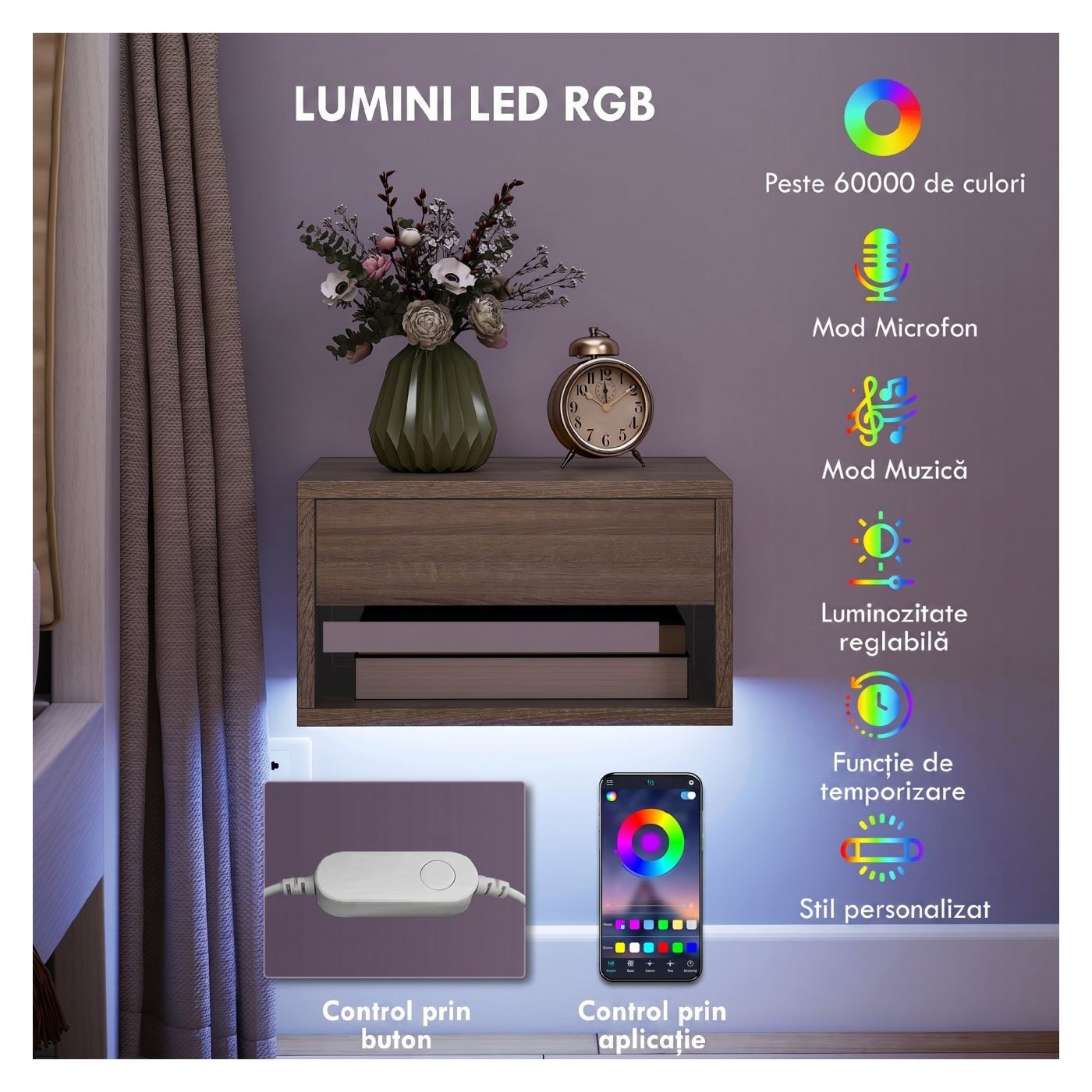 Комплект от 2 стенни нощни шкафчета с интегрирано RGB LED осветление и управление чрез приложение, с чекмедже и рафт, 37x32x21 с - 4