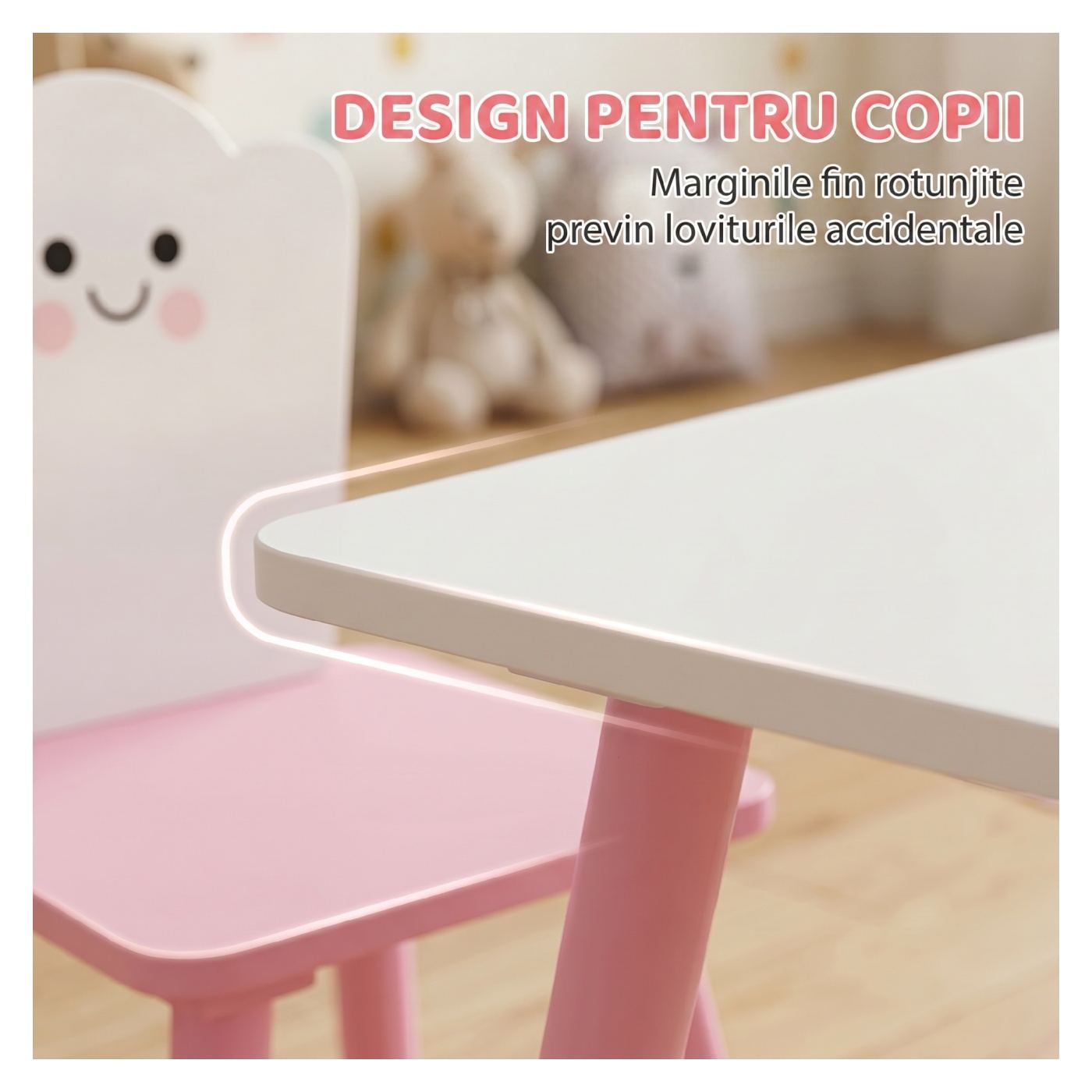 Детски комплект маса и 2 стола за 3-6 години, борова дървесина и MDF, заоблени ръбове, тема "Памучен бонбон", за детска стая - 5