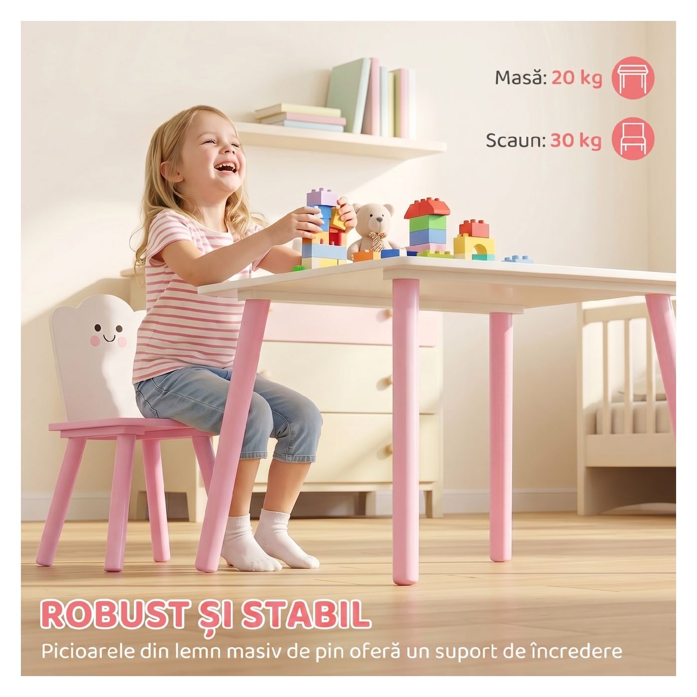 Детски комплект маса и 2 стола за 3-6 години, борова дървесина и MDF, заоблени ръбове, тема "Памучен бонбон", за детска стая - 6