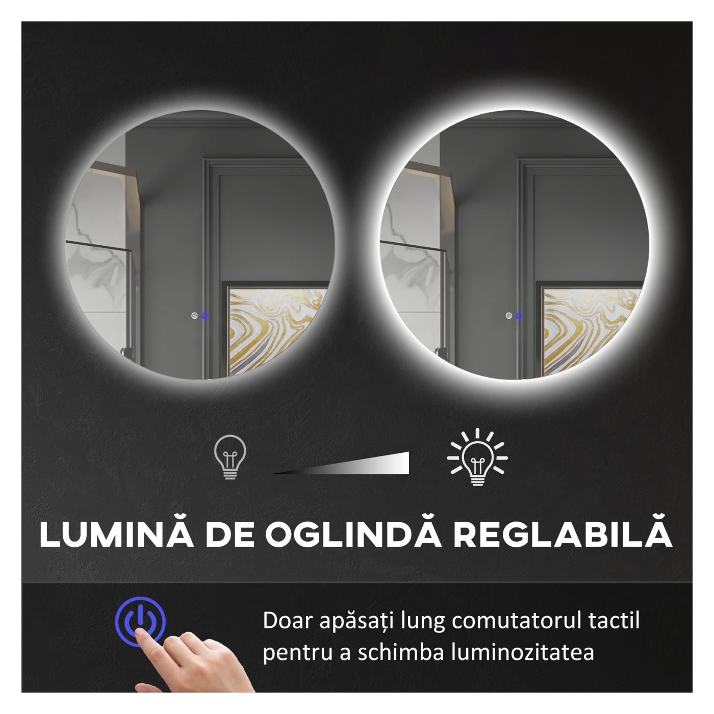 Кръгло LED огледало за баня 80 см, 3 цвята, 3000-6500K, осветено огледало за стена с докосване, димируемо - 5