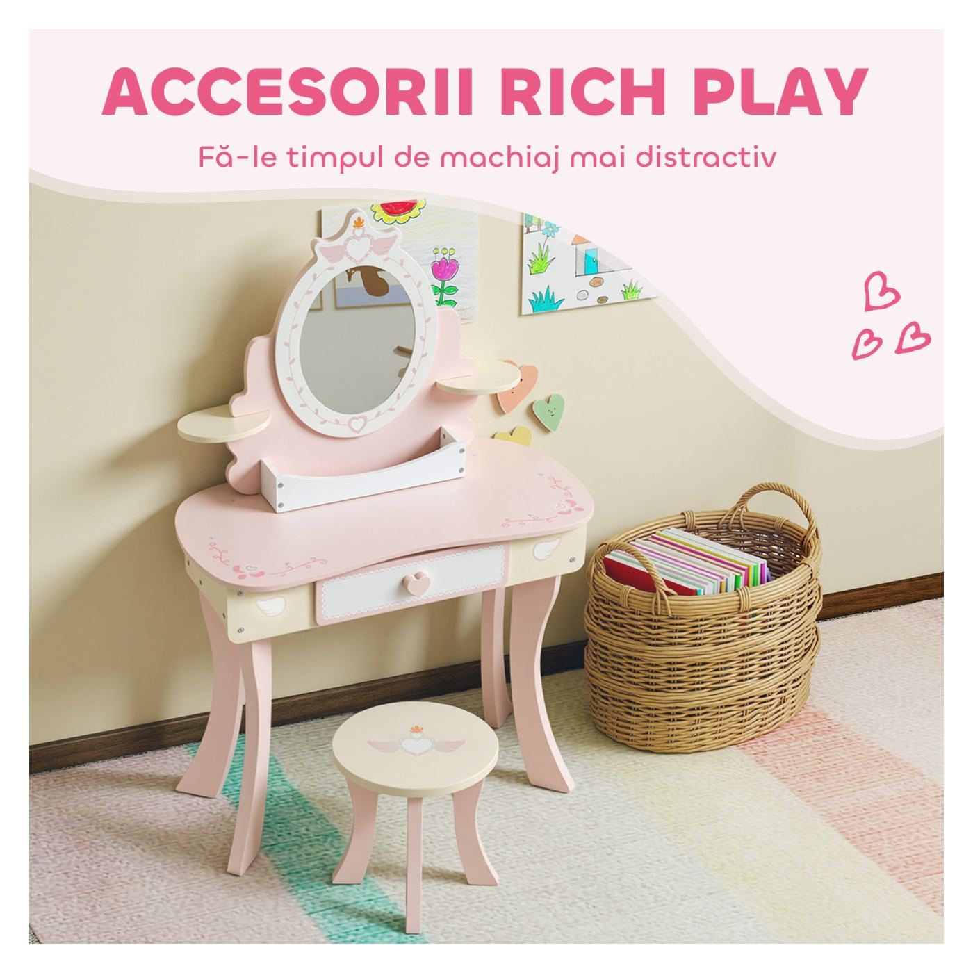 Детски тоалетно бюро с огледало и столче, 2 в 1 трансформиращо се грим бюро в детско бюро, включени 7 аксесоара - 5