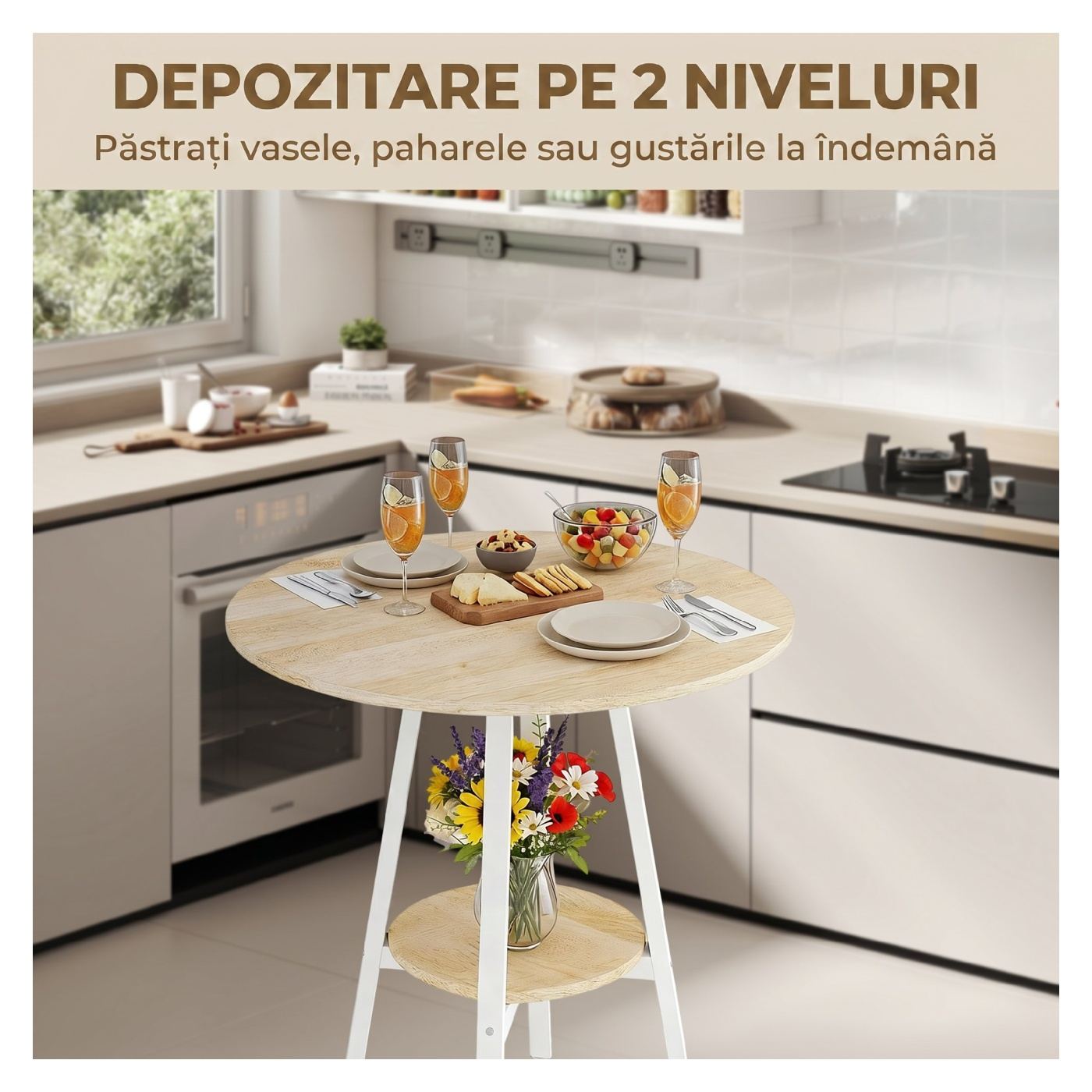 Кръгла бар маса с рафт Ø55x95 см, висока кухненска маса, спестяваща място, метална рамка, за 2 души - 4