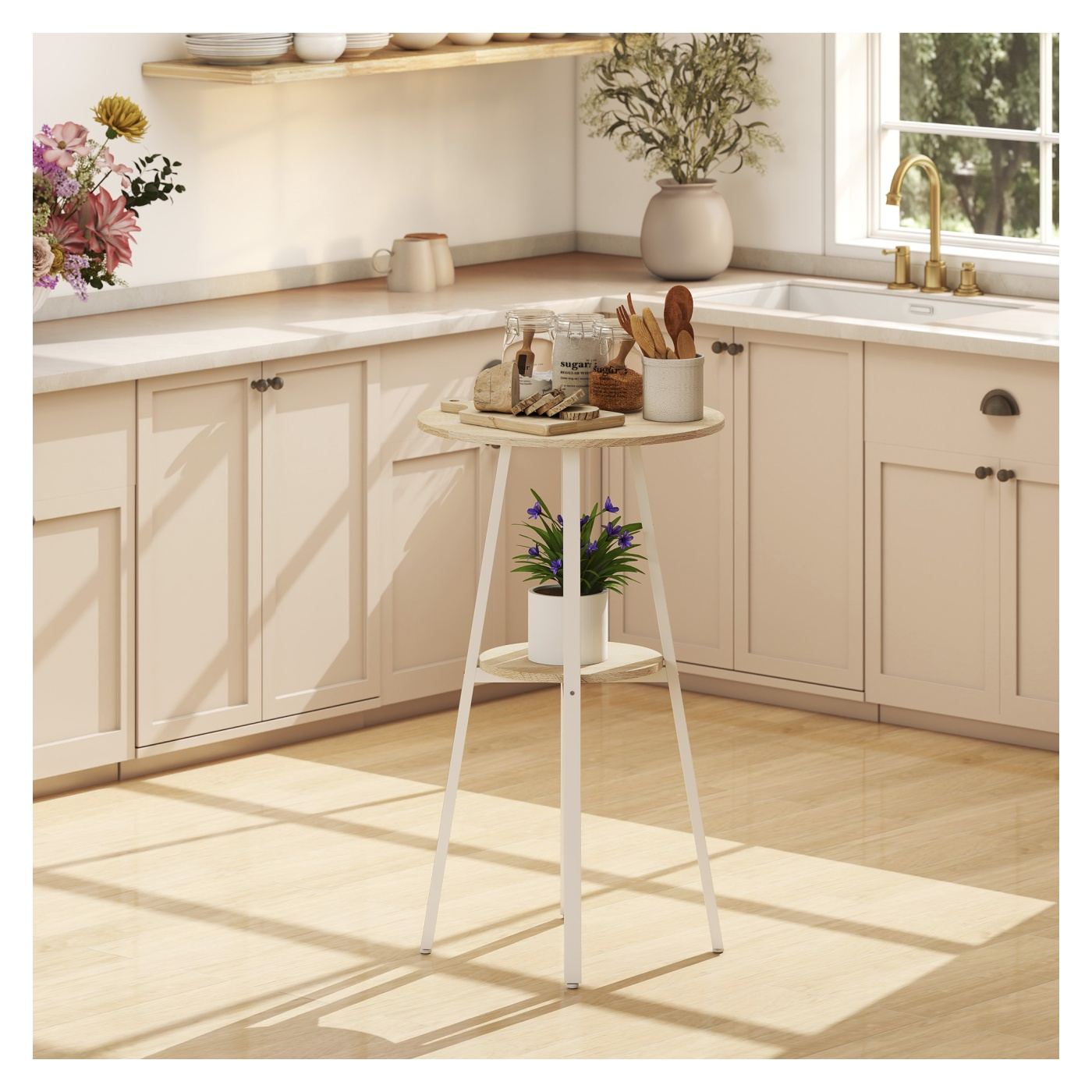 Кръгла бар маса с рафт Ø55x95 см, висока кухненска маса, спестяваща място, метална рамка, за 2 души - 9