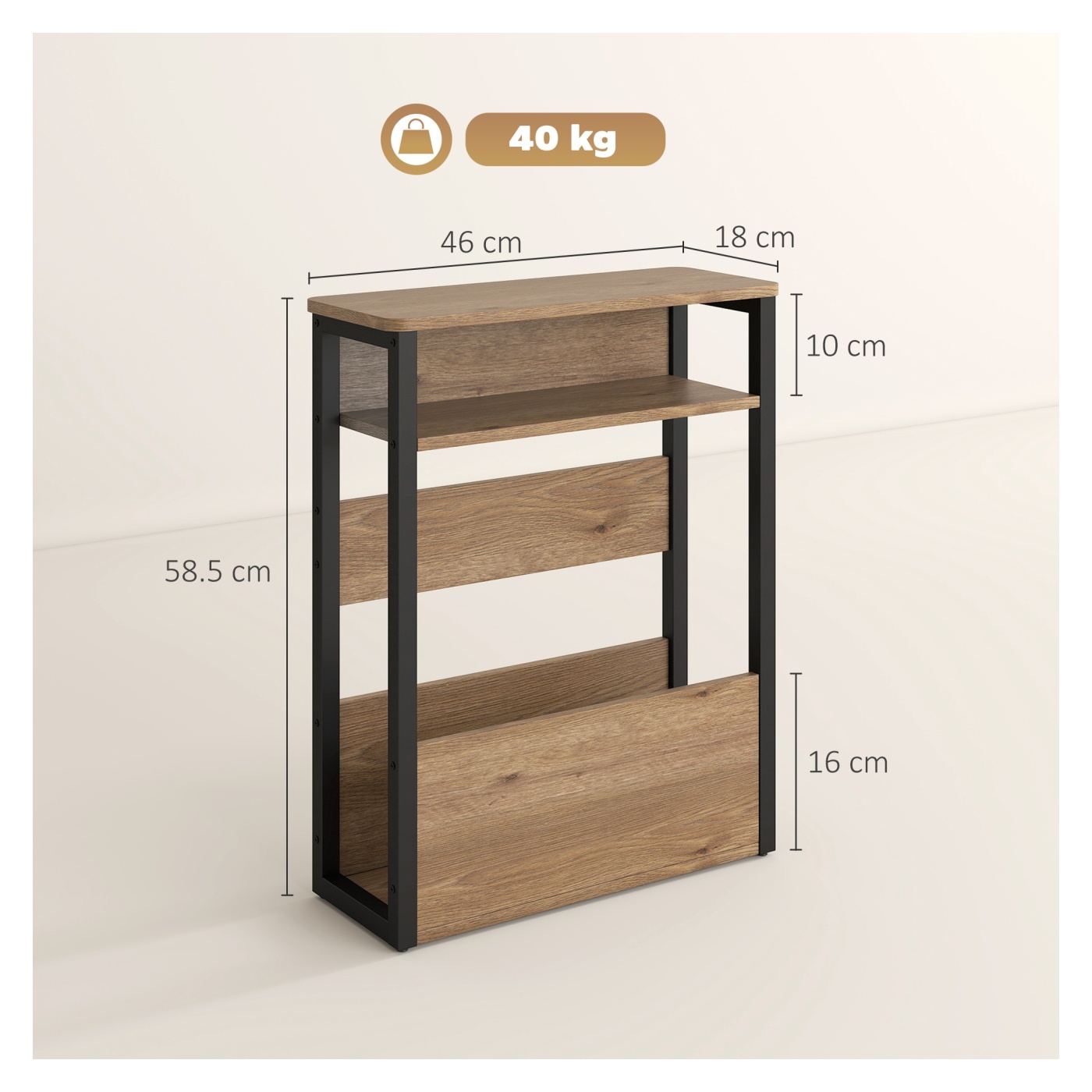 Индустриална странична масичка за хол с 2 рафта, дърво и метал, 46 x 18 x 58.5 см, тъмен орех - 3