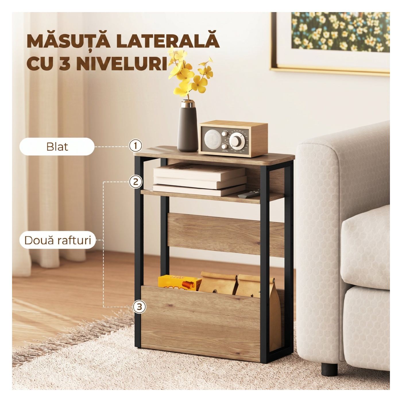 Индустриална странична масичка за хол с 2 рафта, дърво и метал, 46 x 18 x 58.5 см, тъмен орех - 5