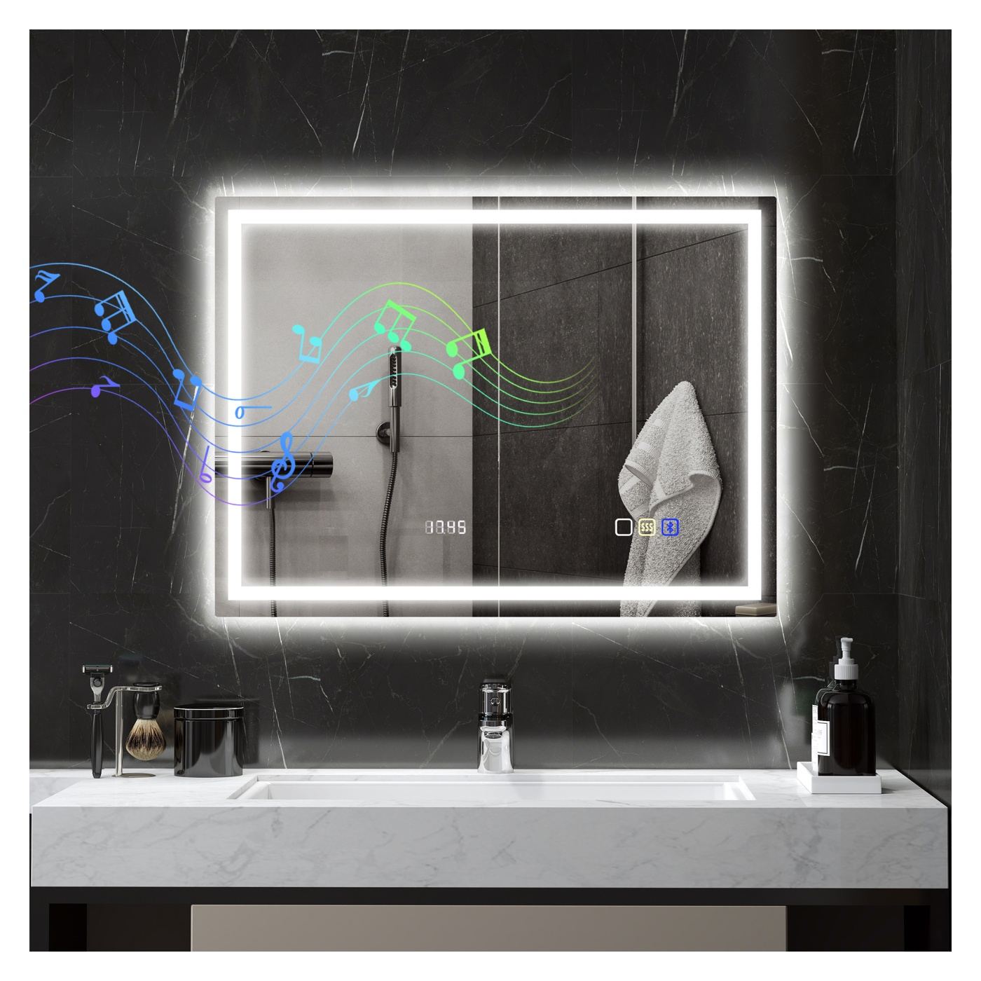 LED огледало за стена с Bluetooth, 100x80 см, против замъгляване, димируемо осветление, 3 цвята, хоризонтален/вертикален монтаж - 2