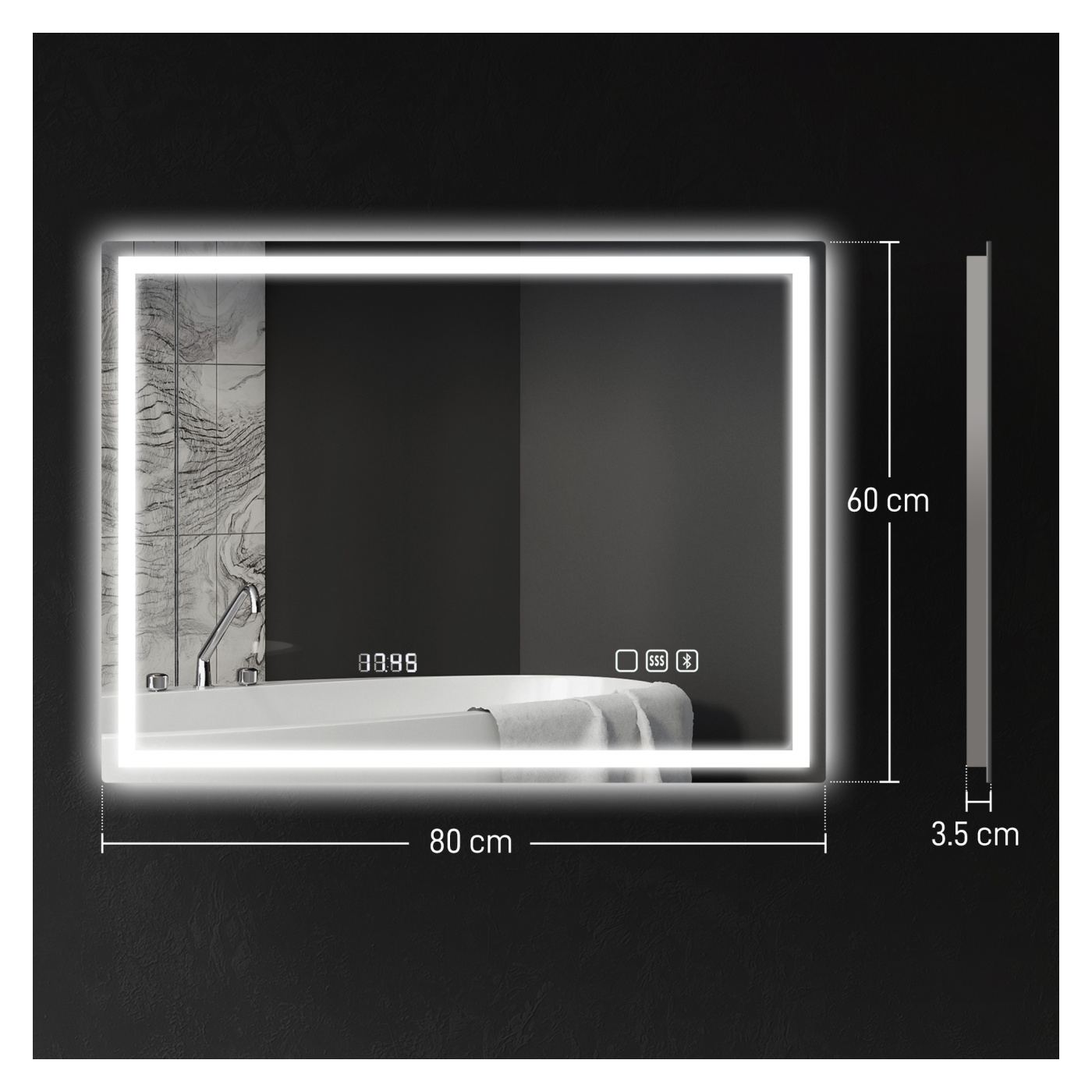 LED огледало за стена с Bluetooth, 100x80 см, против замъгляване, димируемо осветление, 3 цвята, хоризонтален/вертикален монтаж - 3