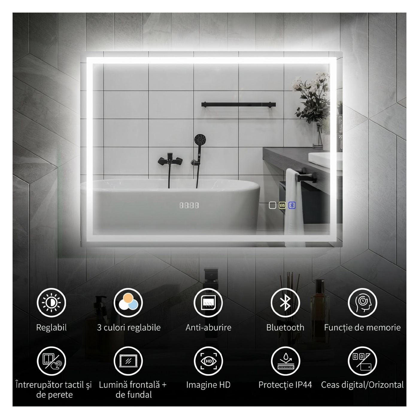 LED огледало за стена с Bluetooth, 100x80 см, против замъгляване, димируемо осветление, 3 цвята, хоризонтален/вертикален монтаж - 4
