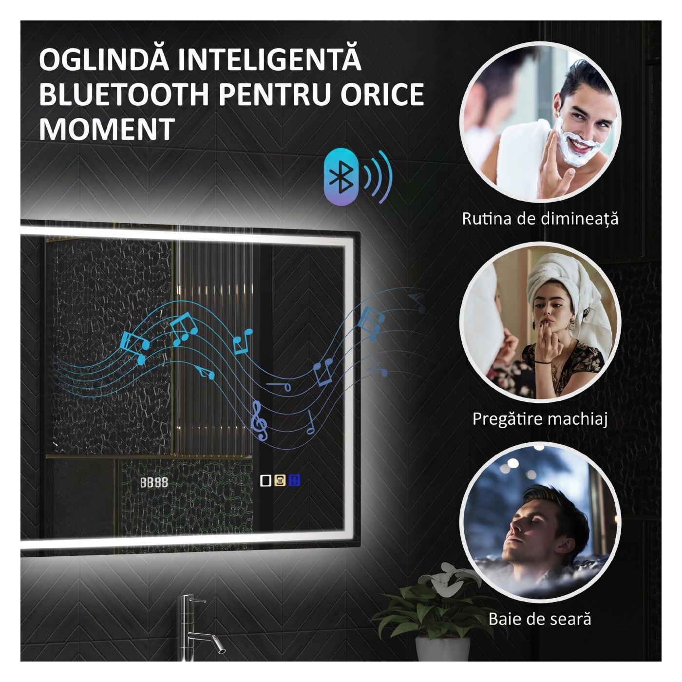 LED огледало за стена с Bluetooth, 100x80 см, против замъгляване, димируемо осветление, 3 цвята, хоризонтален/вертикален монтаж - 5